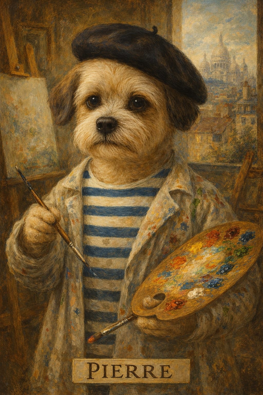 Dog in beret portrait dressed as a French painter with palette in soft impressionist oil style