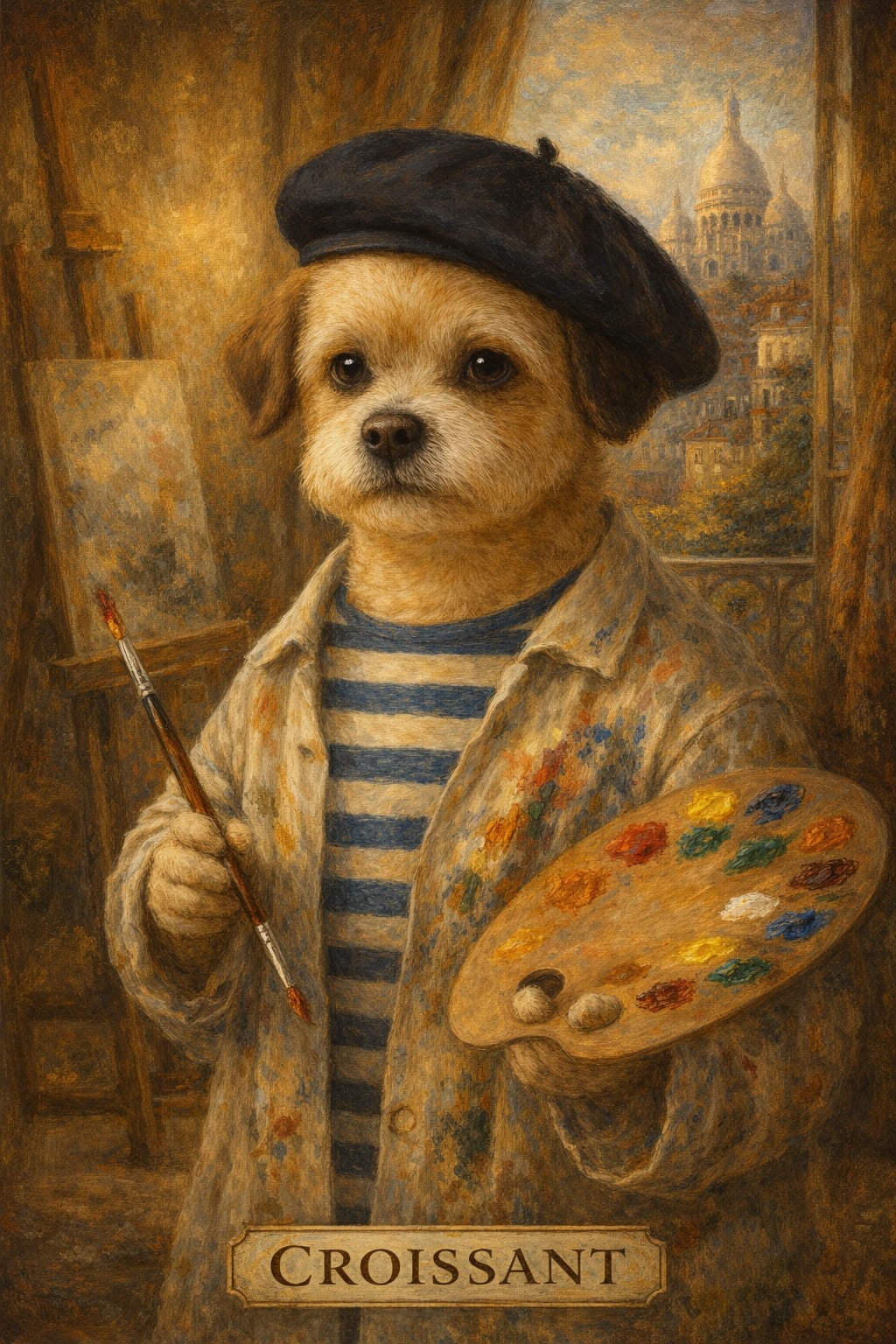 French artist pet portrait of a cat in a navy beret and Breton striped shirt