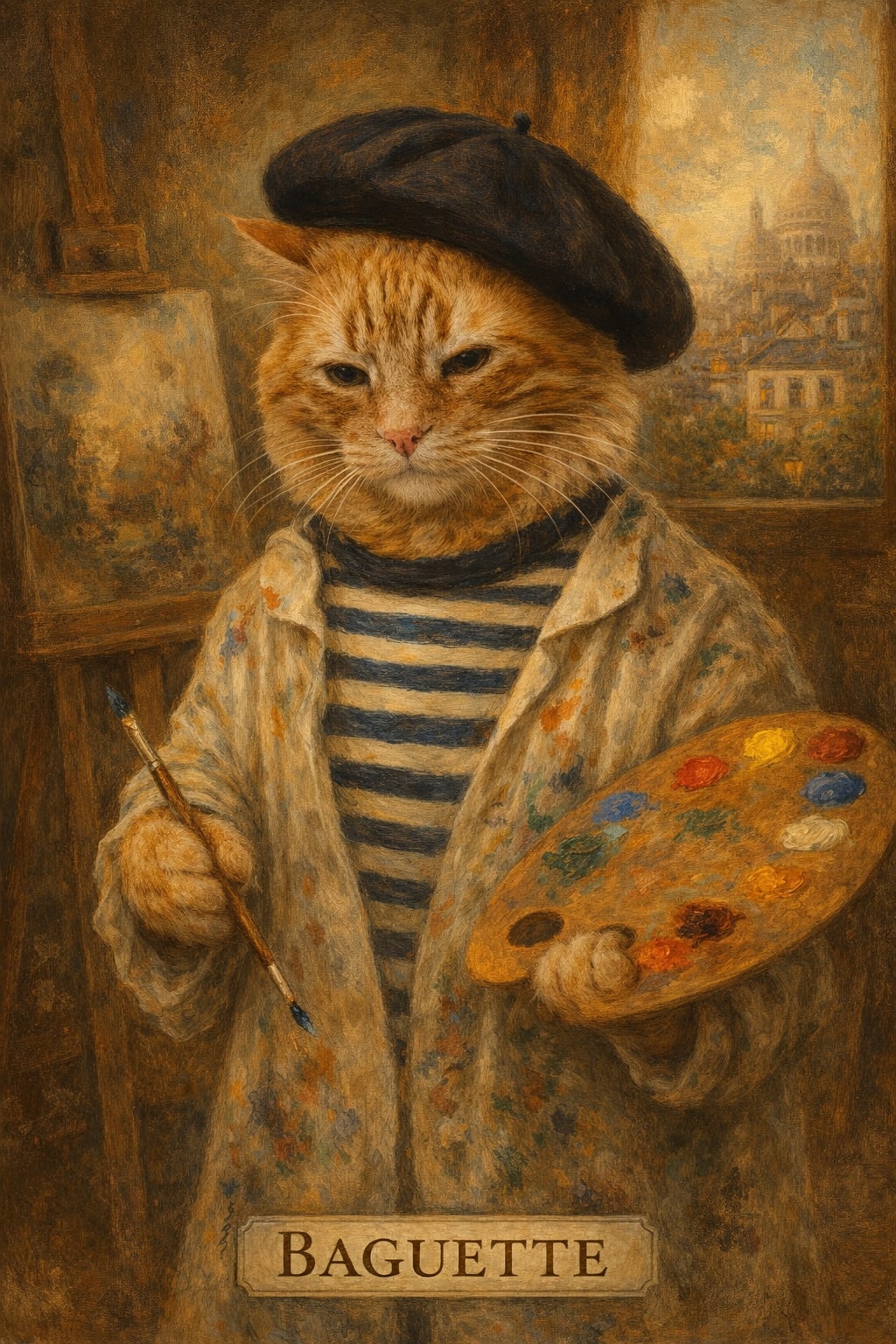 Framed impressionist pet portrait on canvas with a Parisian beret and warm golden light