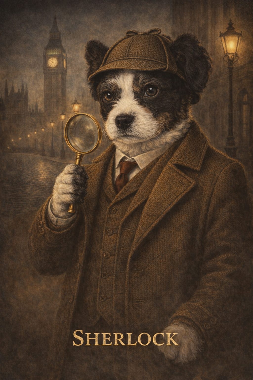 sherlock holmes pet portrait of a terrier in oil painting style