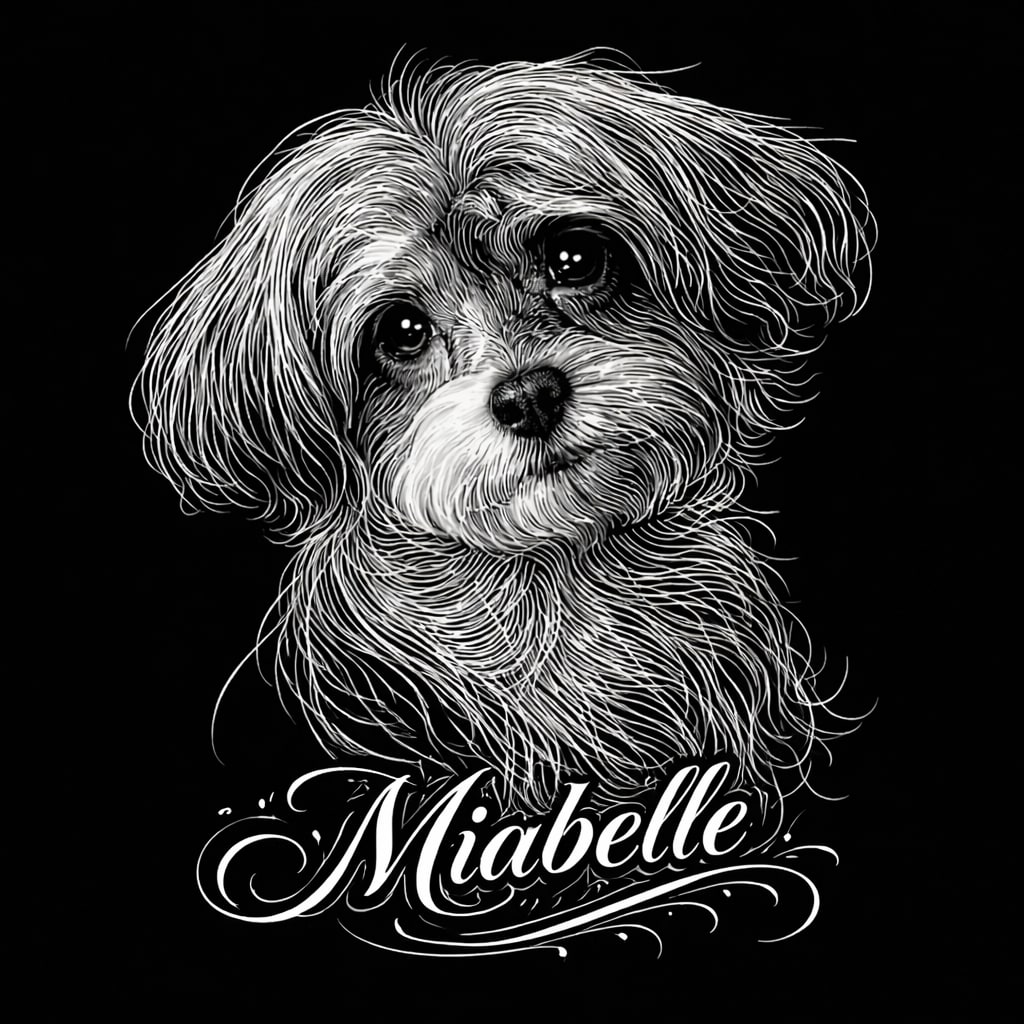 White line art etching pet portrait with glowing realistic eyes as the one point of color