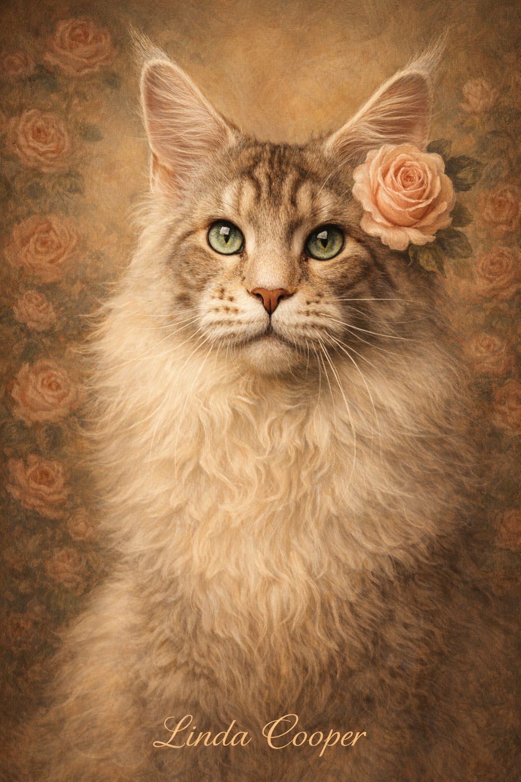 Floral oil painting pet portrait of a dog with a blush pink rose behind one ear