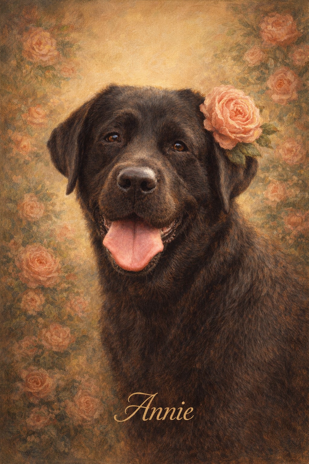 Oil painting pet portrait in warm golden tones with a faded rose-garden background