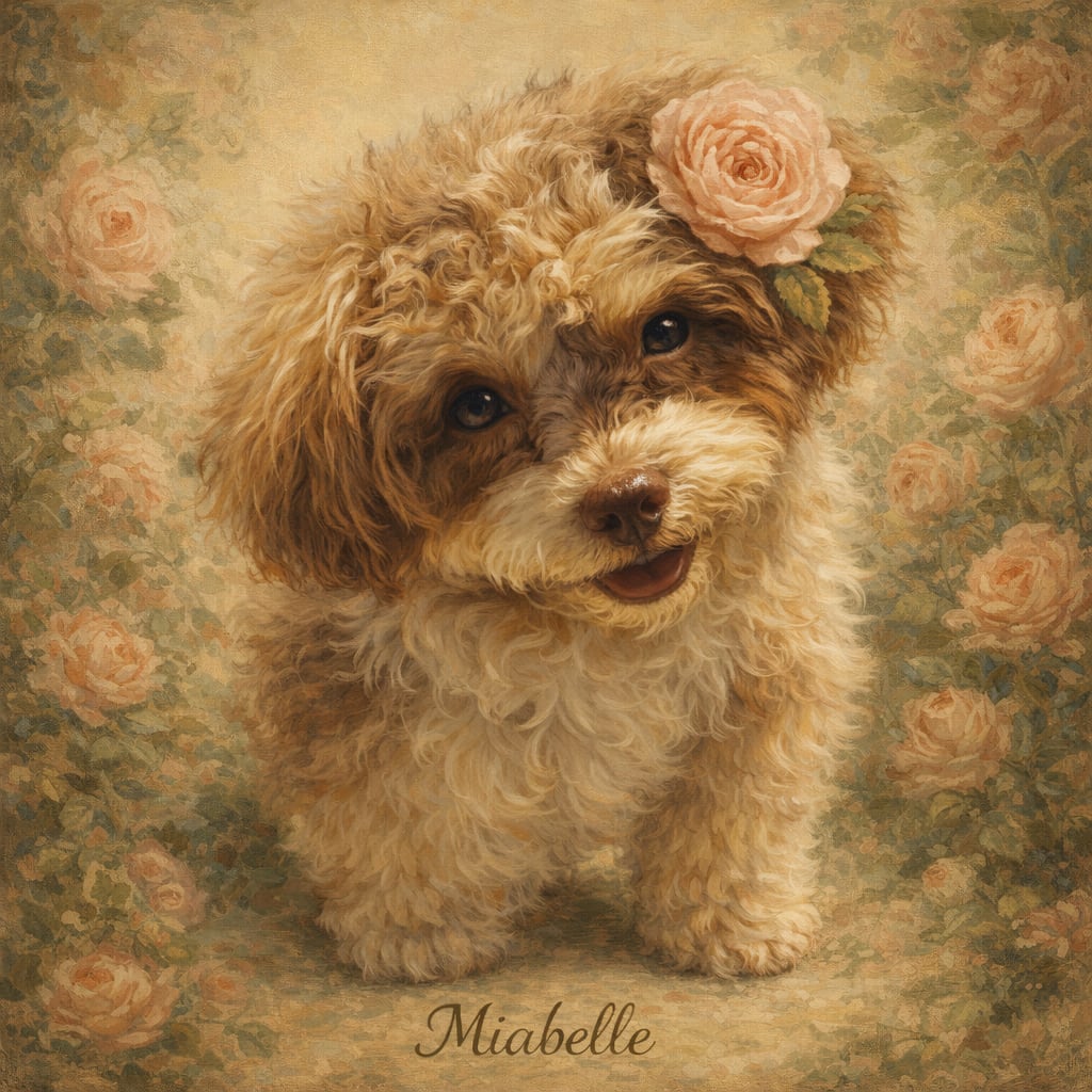 Rose pet portrait with rich visible brushwork in the fur and soft diffused lighting