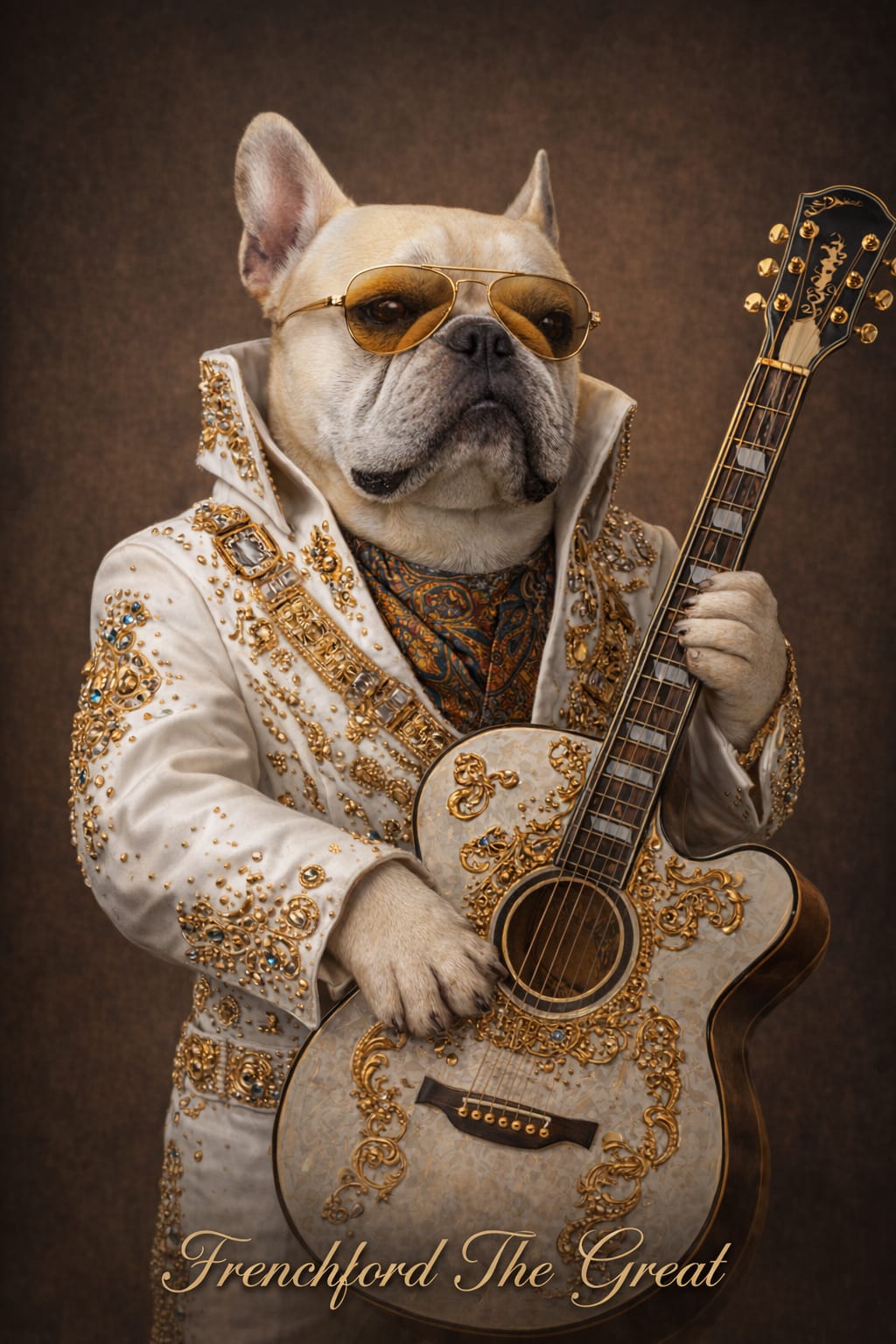 rockstar pet portrait of a cat in gold aviator sunglasses