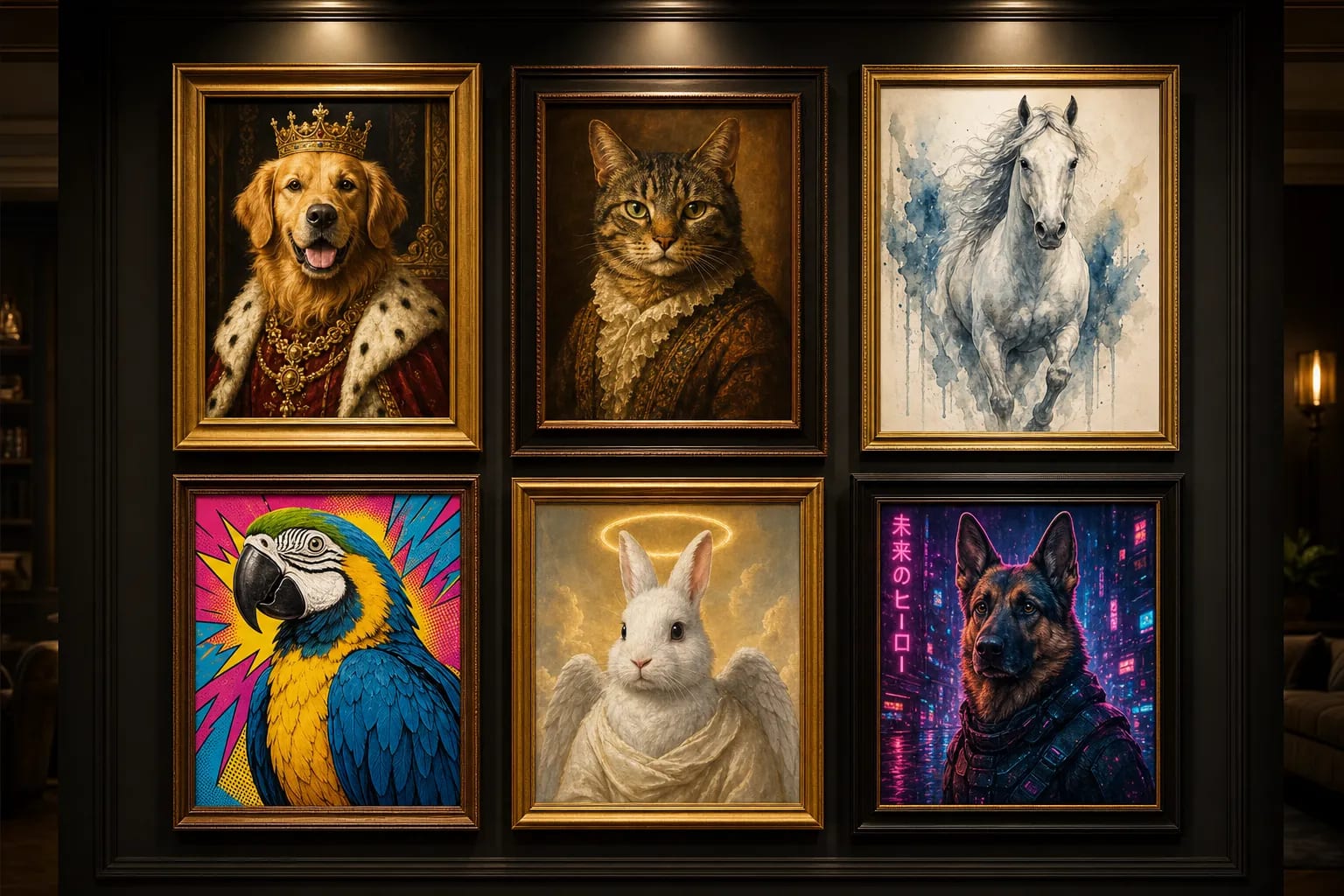 Custom pet portrait gallery — six portraits of dogs, cats, horses, birds in Royal King, Oil Painting, Watercolor, Pop Art, Angel, and Cyberpunk styles
