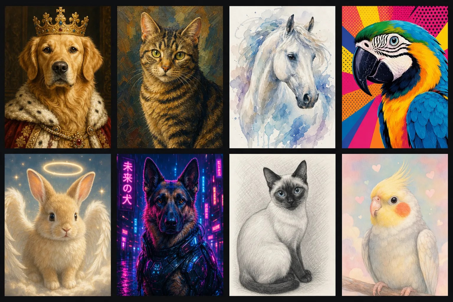 Eight different pets in eight different art styles — maximum variety of custom pet portrait options