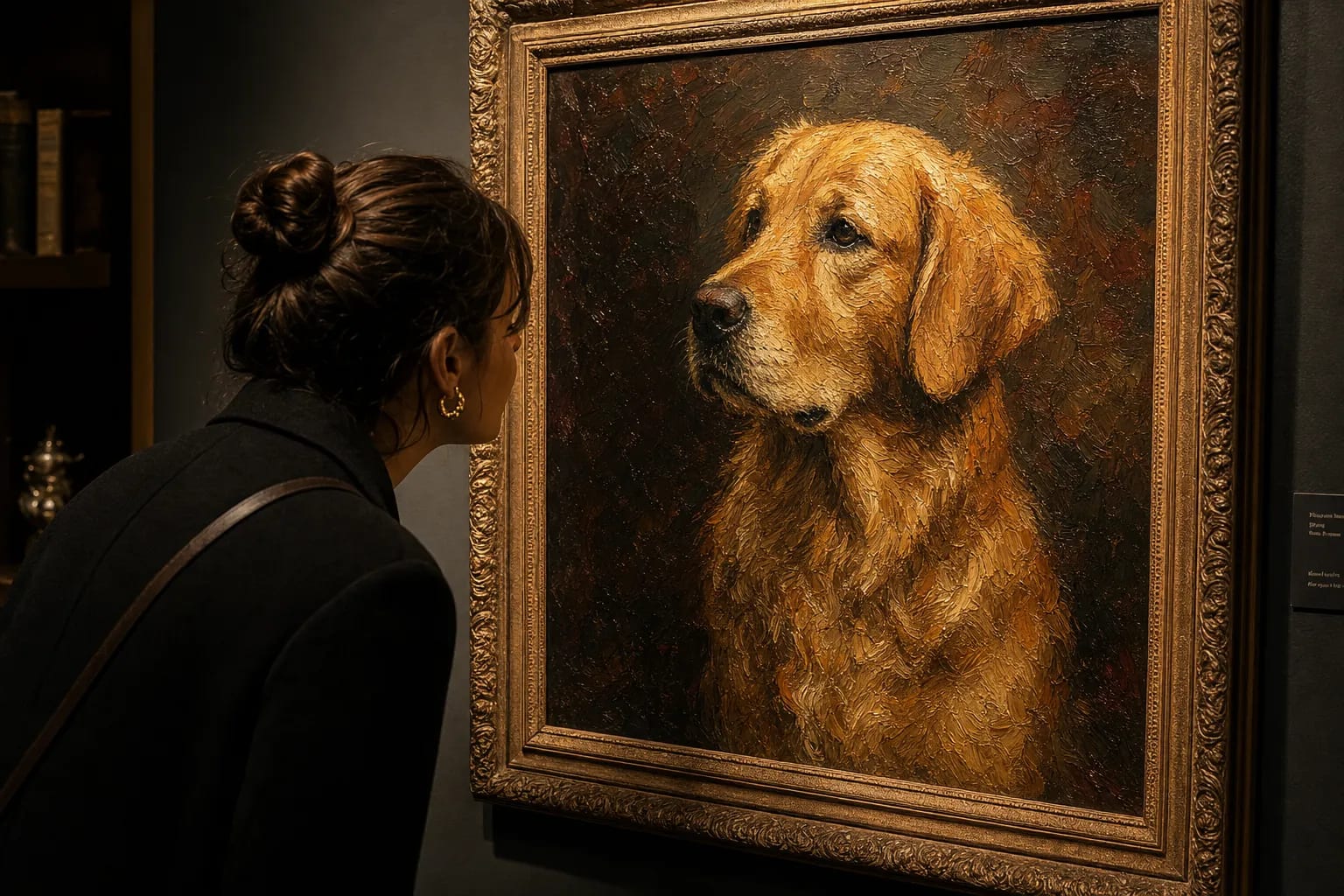 Person admiring brushstroke detail on a large framed oil painting portrait of their dog