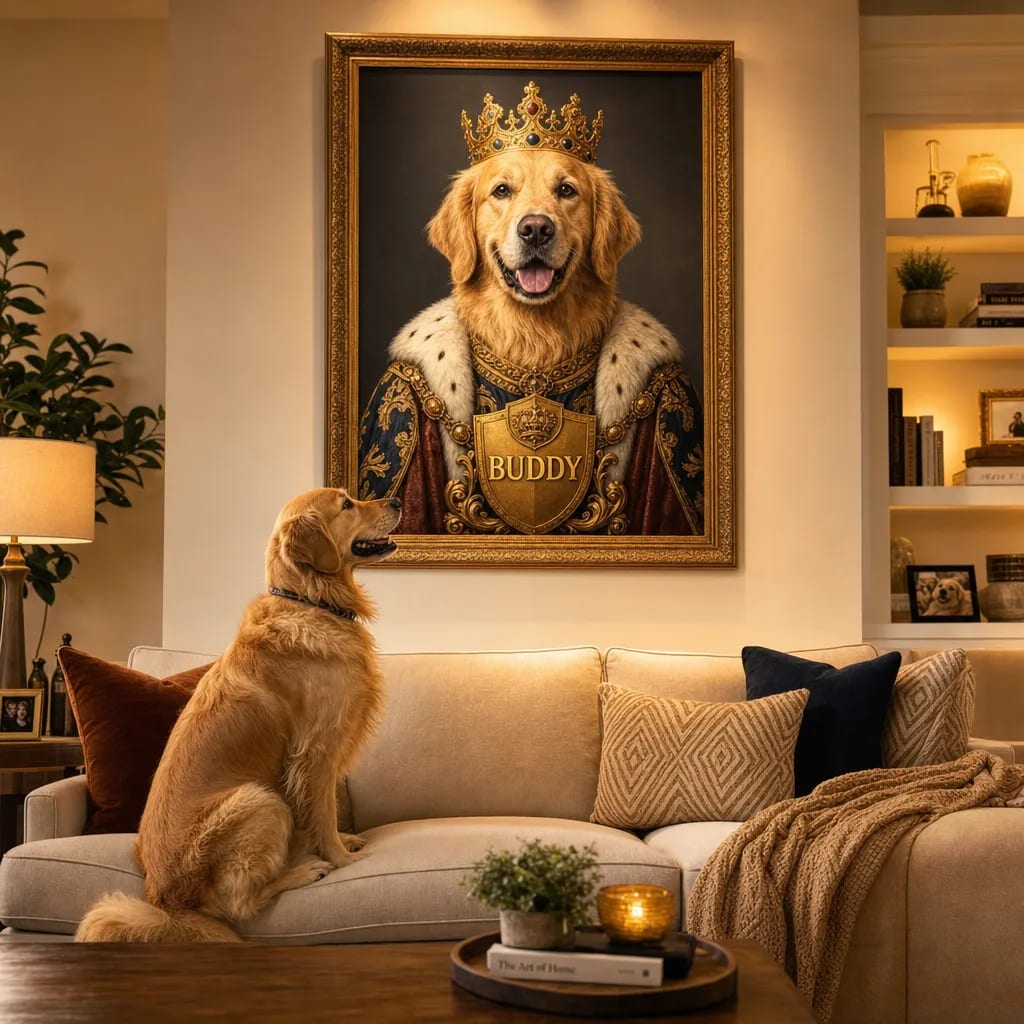 Personalized dog portrait displayed on living room wall with dog sitting below admiring their named portrait