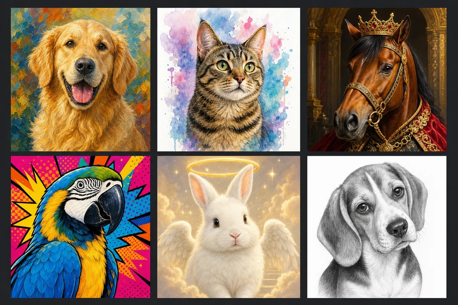 Six different pets transformed into art — golden retriever oil painting, tabby cat watercolor, horse royal, macaw pop art, rabbit angel, beagle sketch