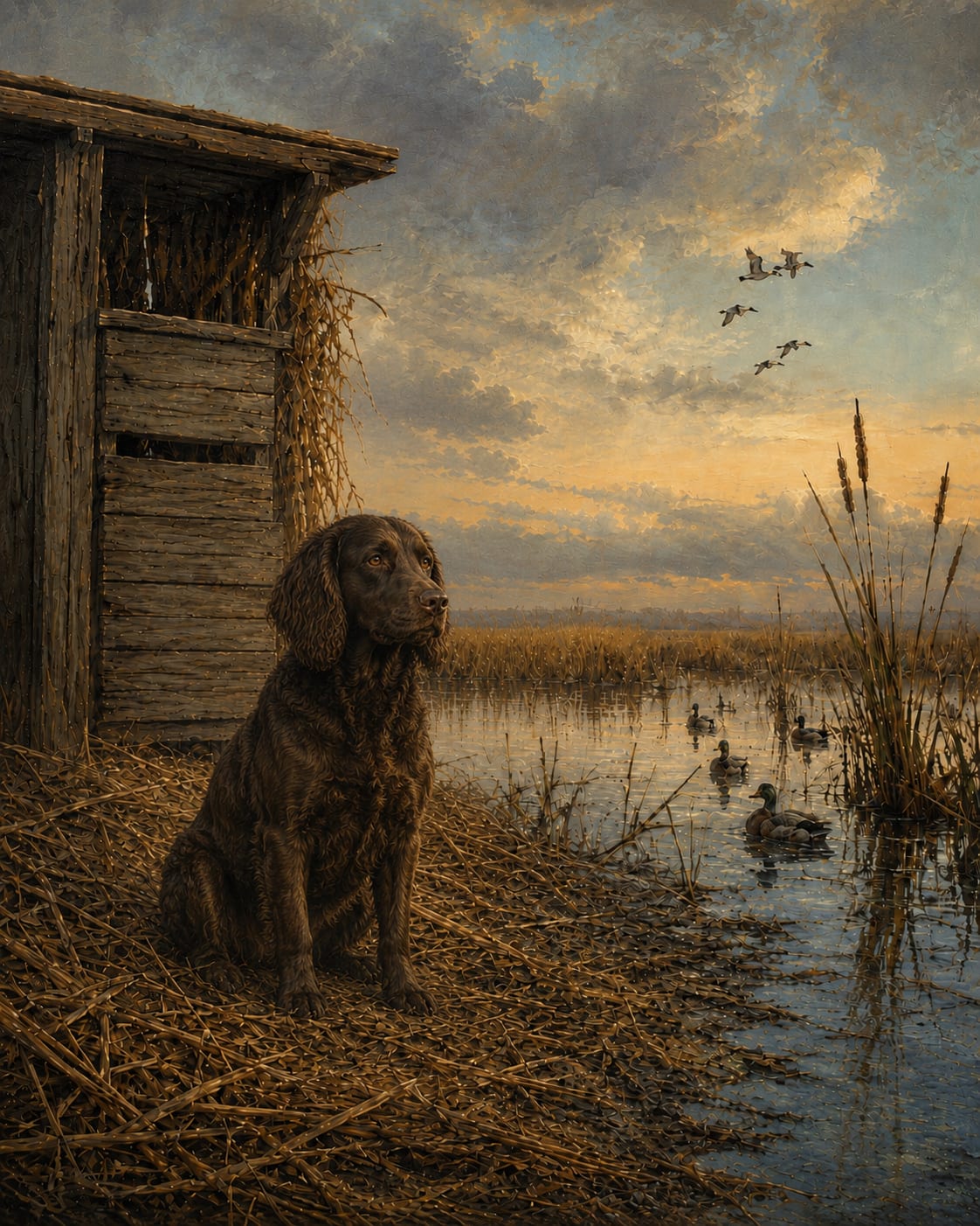 Waterfowl dog portrait at a wetland duck blind under a wide sky, framed