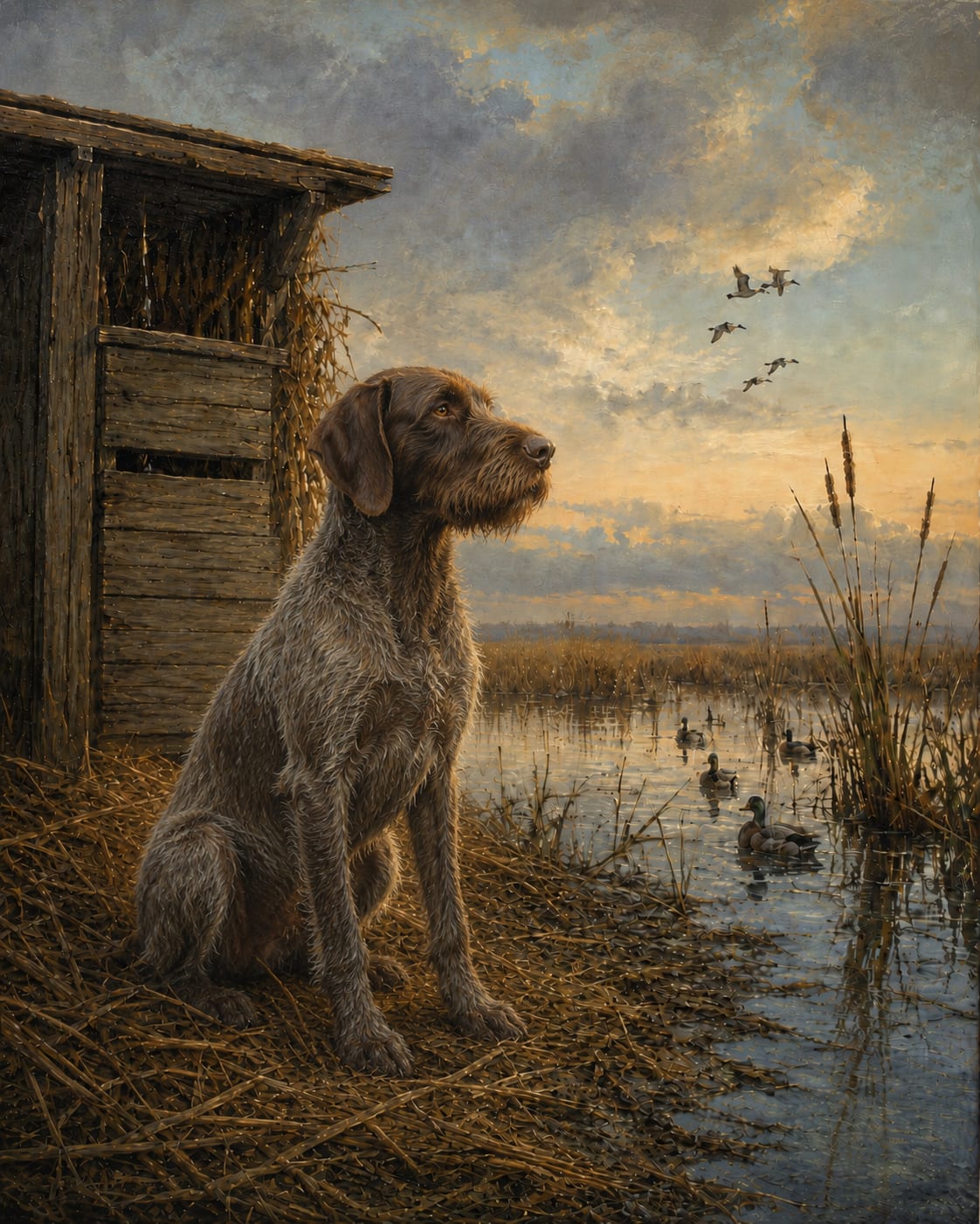 Full-body duck-blind oil portrait of a dog with a pet name in script