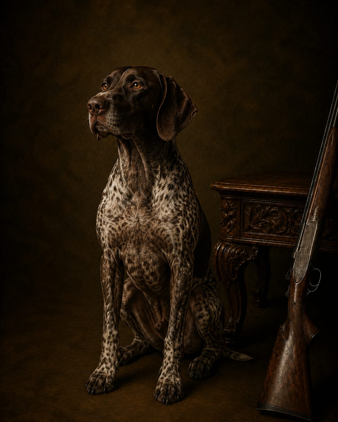 Classic sporting dog oil portrait with a fine shotgun on a carved table, framed