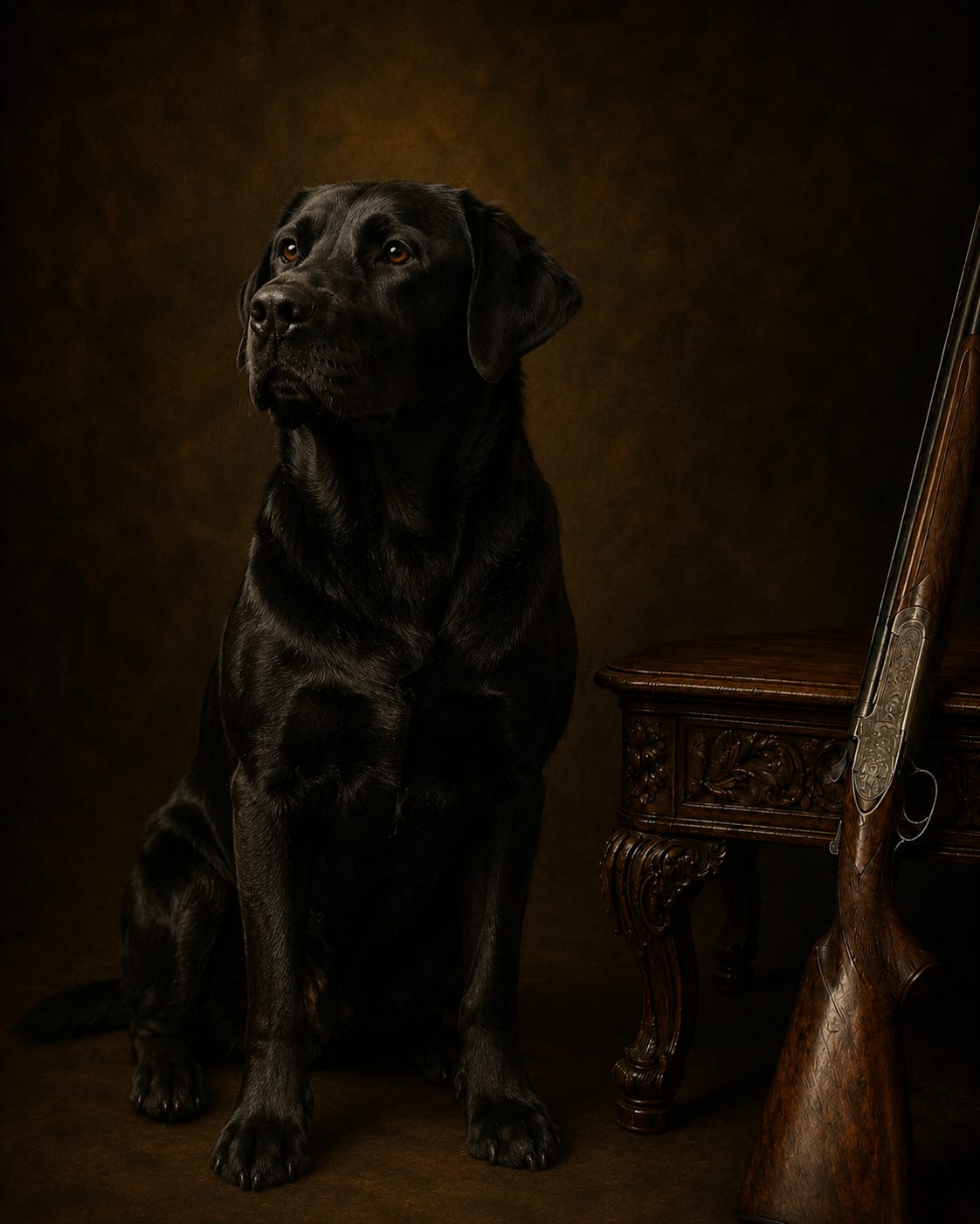 Full-body gun-dog oil portrait of a dog with a pet name in gold script
