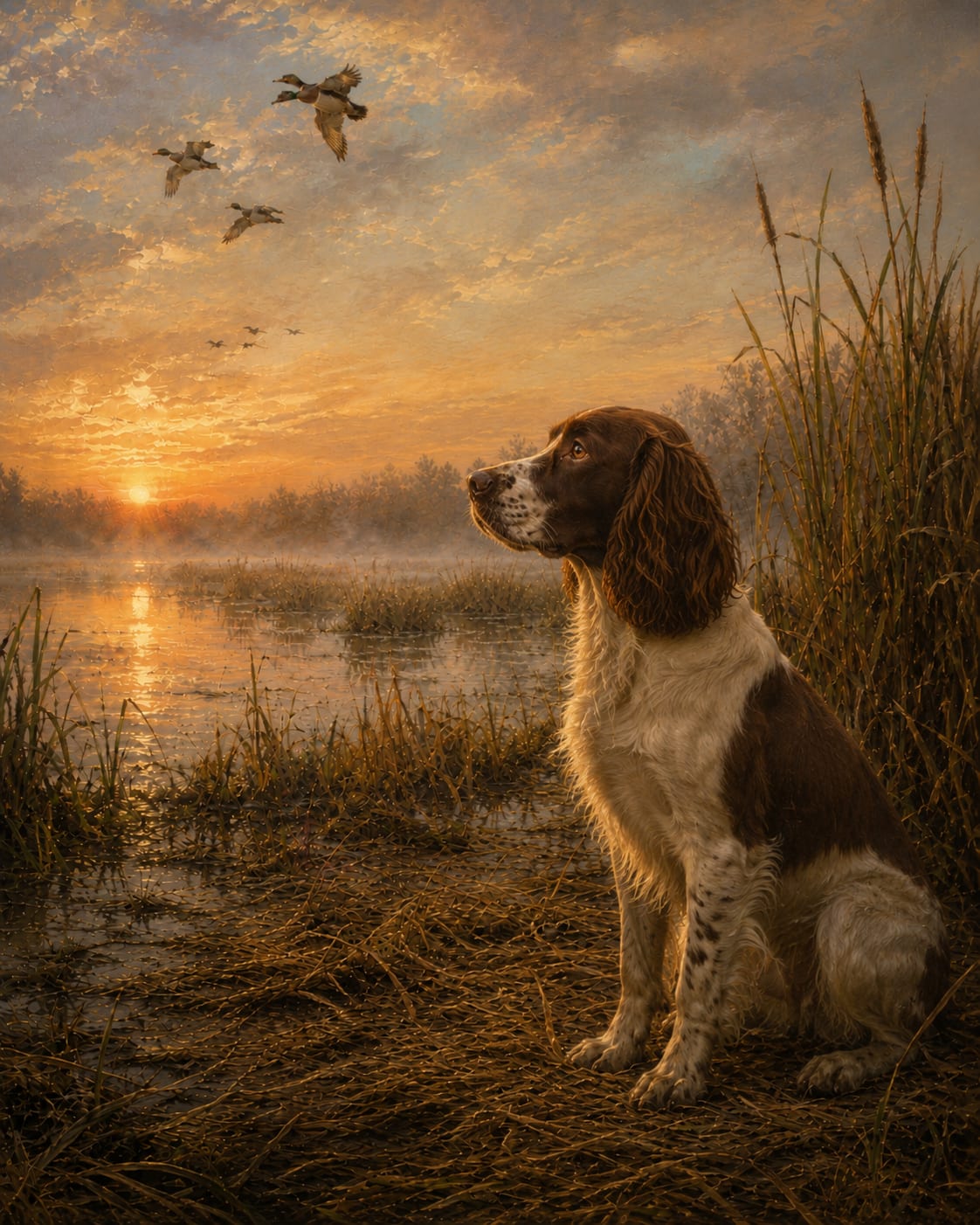Waterfowl dog portrait at the water's edge in golden dawn light, framed