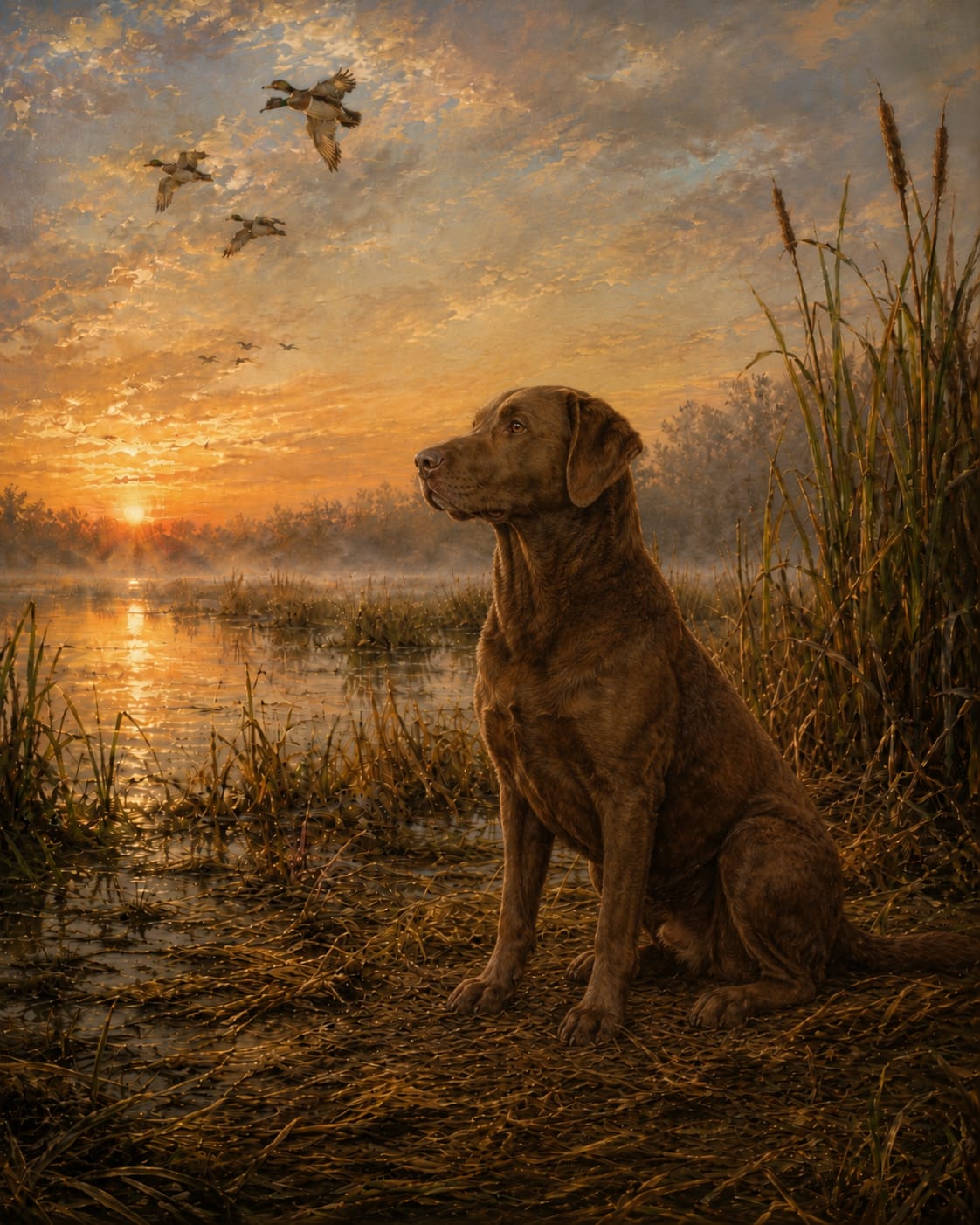 Full-body sunrise marsh oil portrait of a dog with a pet name in script