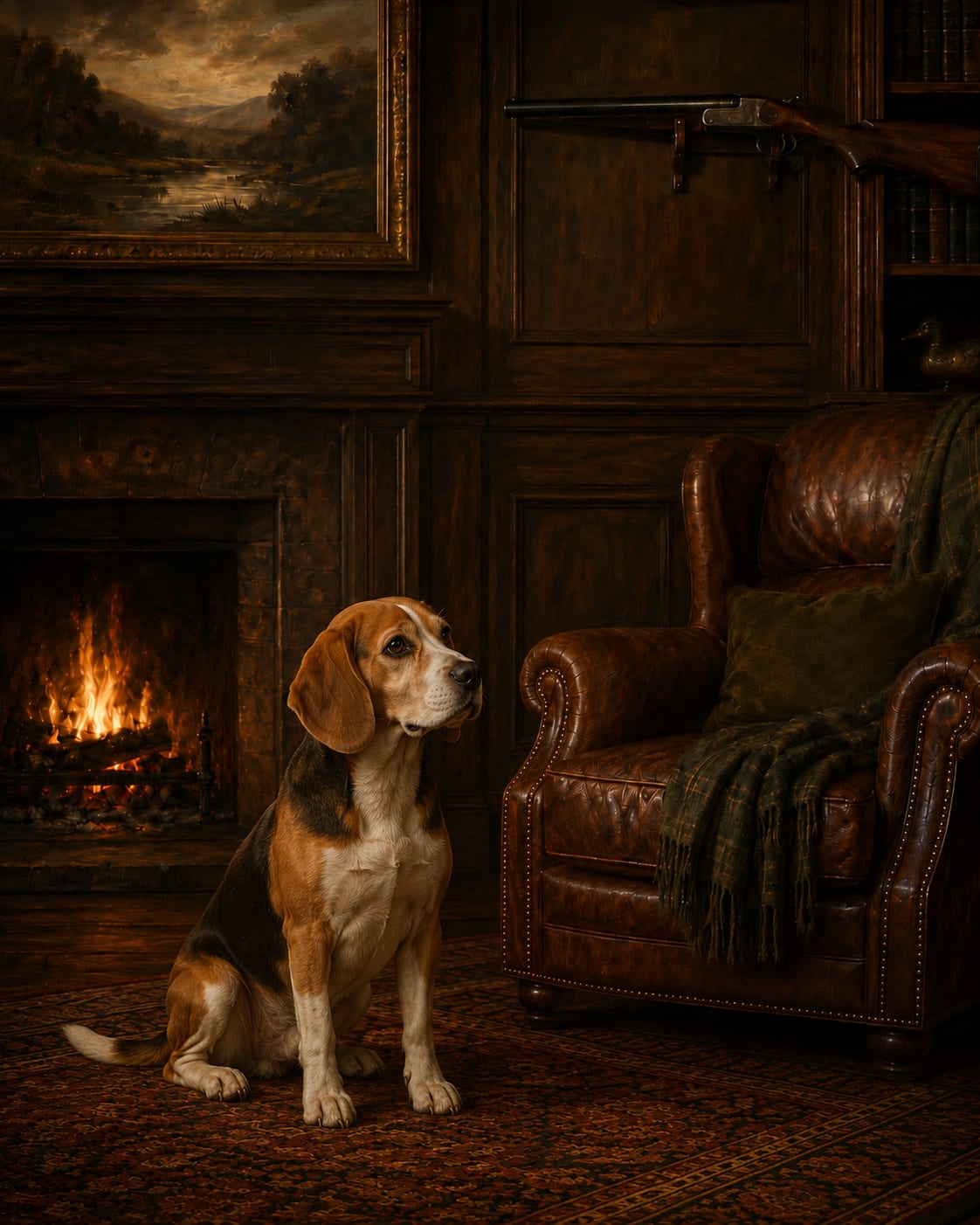 Gun room dog painting with a mounted shotgun and leather chair, framed