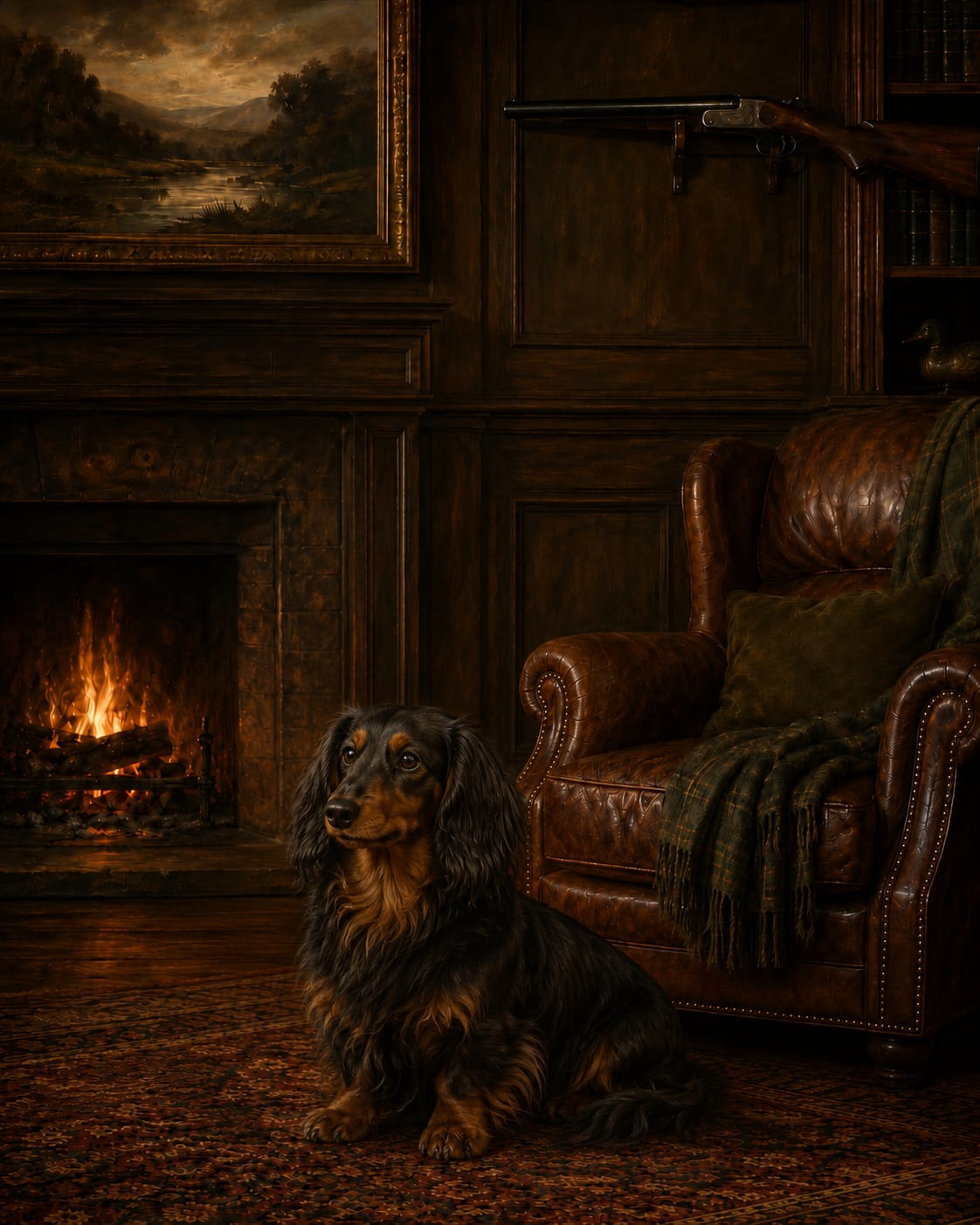 Full-body hunting-lodge oil portrait of a dog with a pet name in script