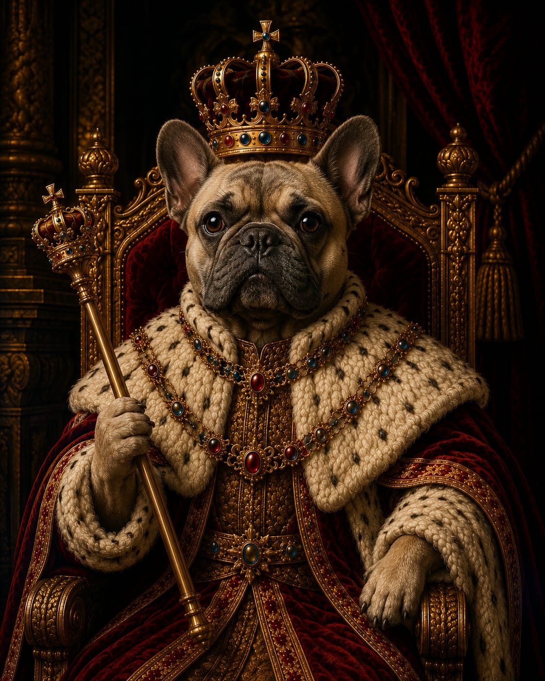 King pet portrait of a French bulldog in crimson and gold coronation robes with a jeweled crown