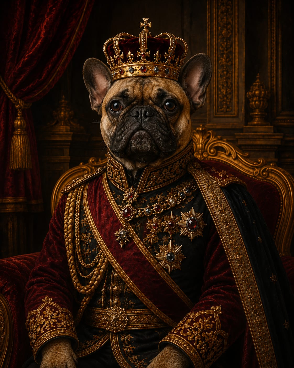 King pet portrait of a dog in a red-sashed military uniform with a jeweled crown in a palace hall