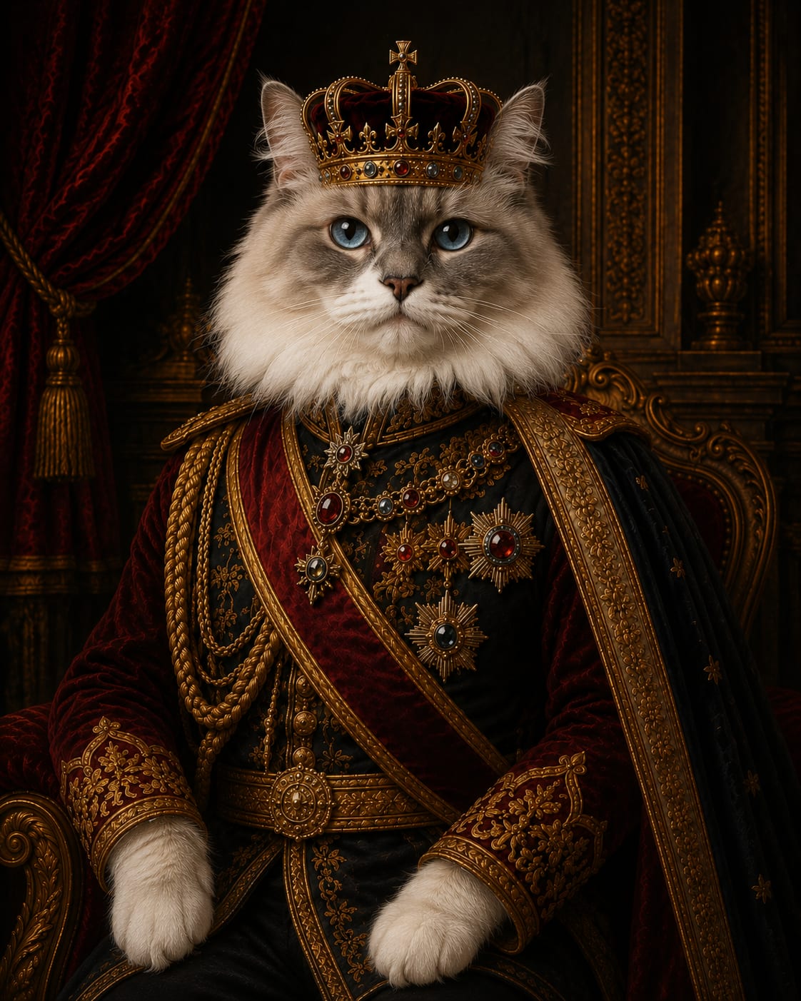 Custom AI royal portrait of a cat crowned as a military king in black, red, and gold