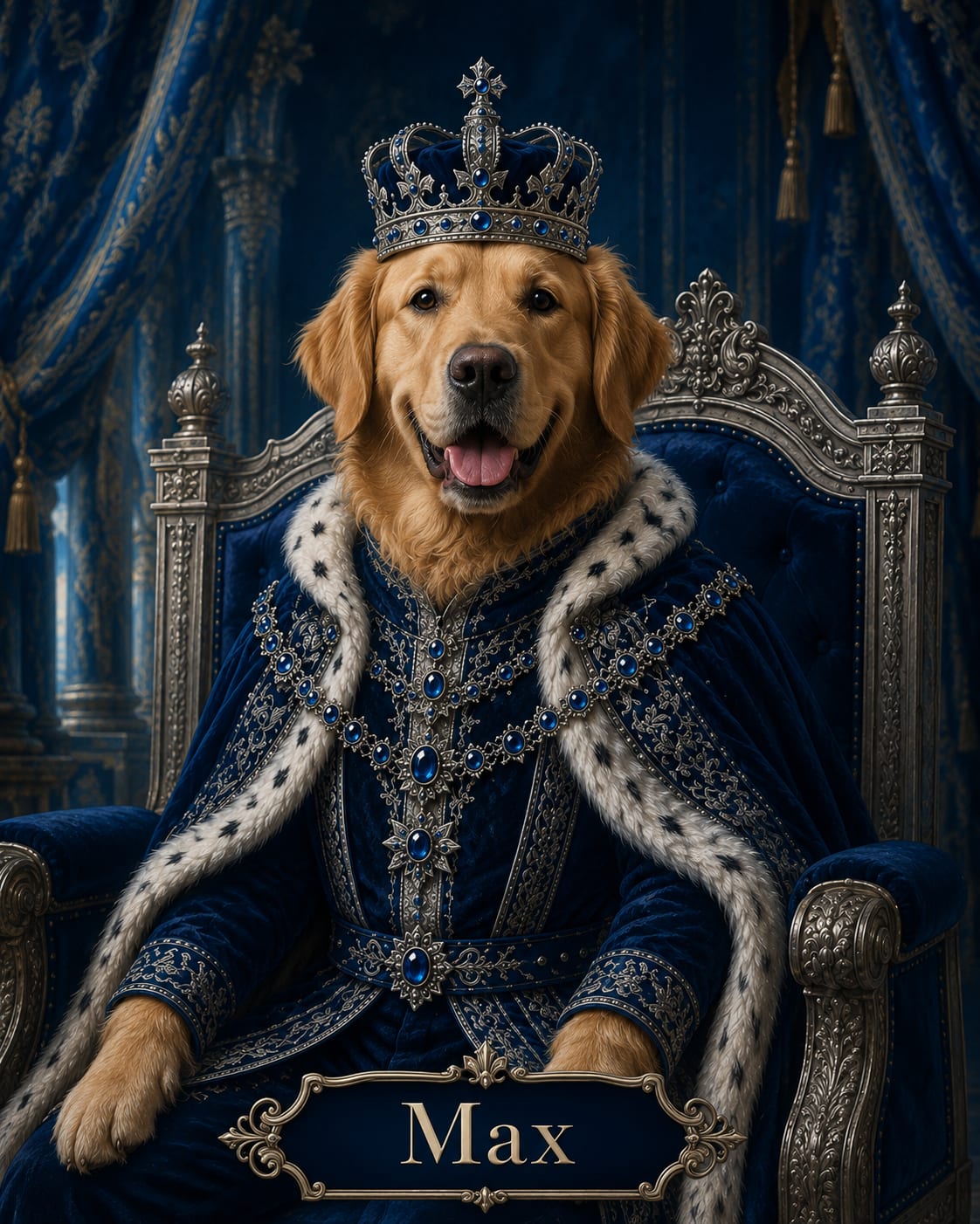 Blue and silver royal dog portrait with a sapphire crown and ermine-trimmed robe