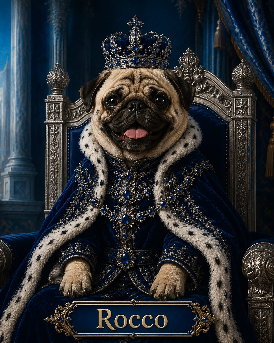 Royal blue pet portrait of a pug named Rocco in a jeweled crown and blue velvet robe
