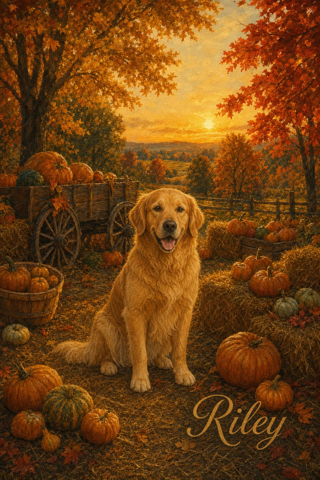 autumn cat portrait of an orange tabby among pumpkins and hay bales at sunset