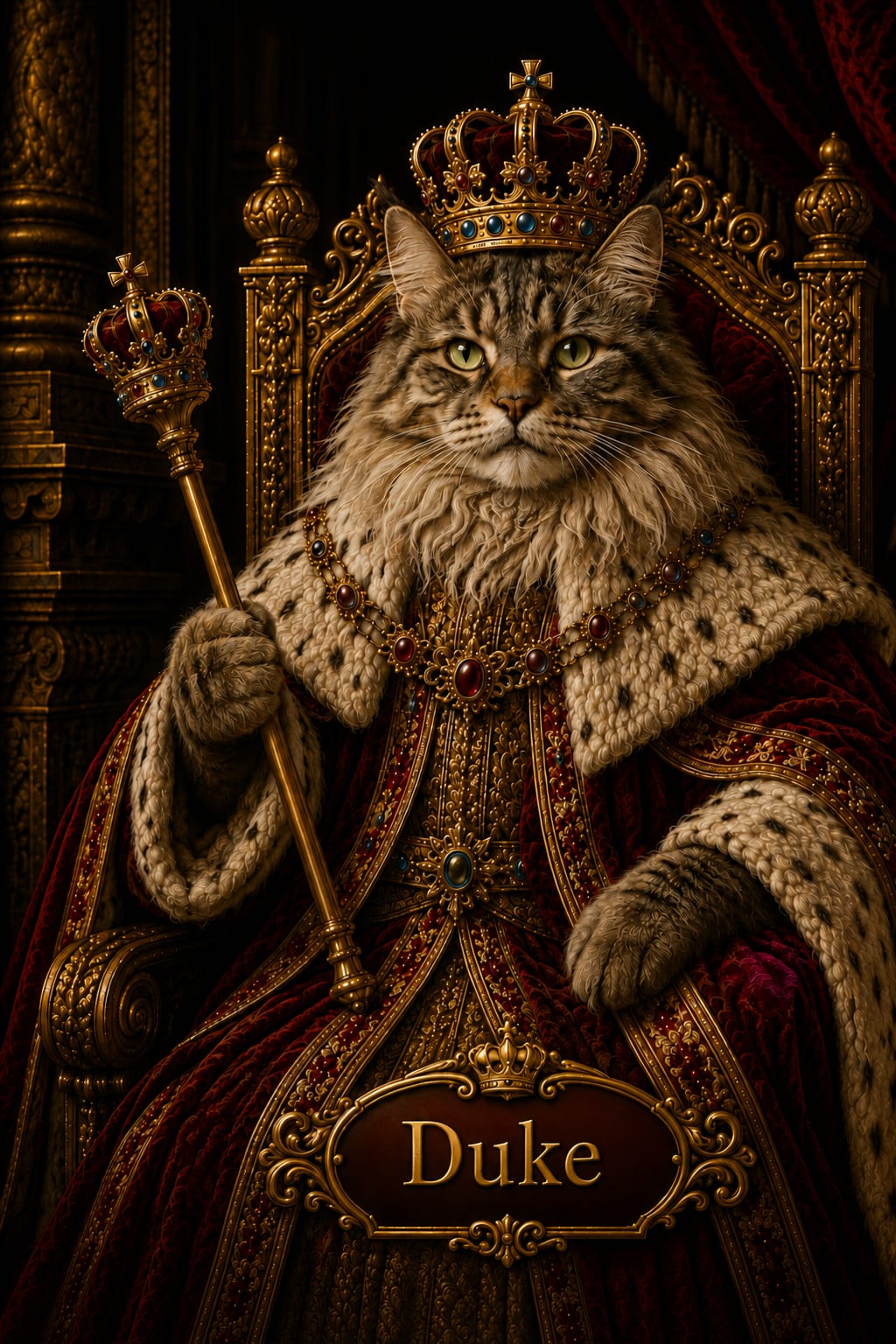 Custom AI royal king portrait of a dog crowned on a red-and-gold throne in an oil-painting look