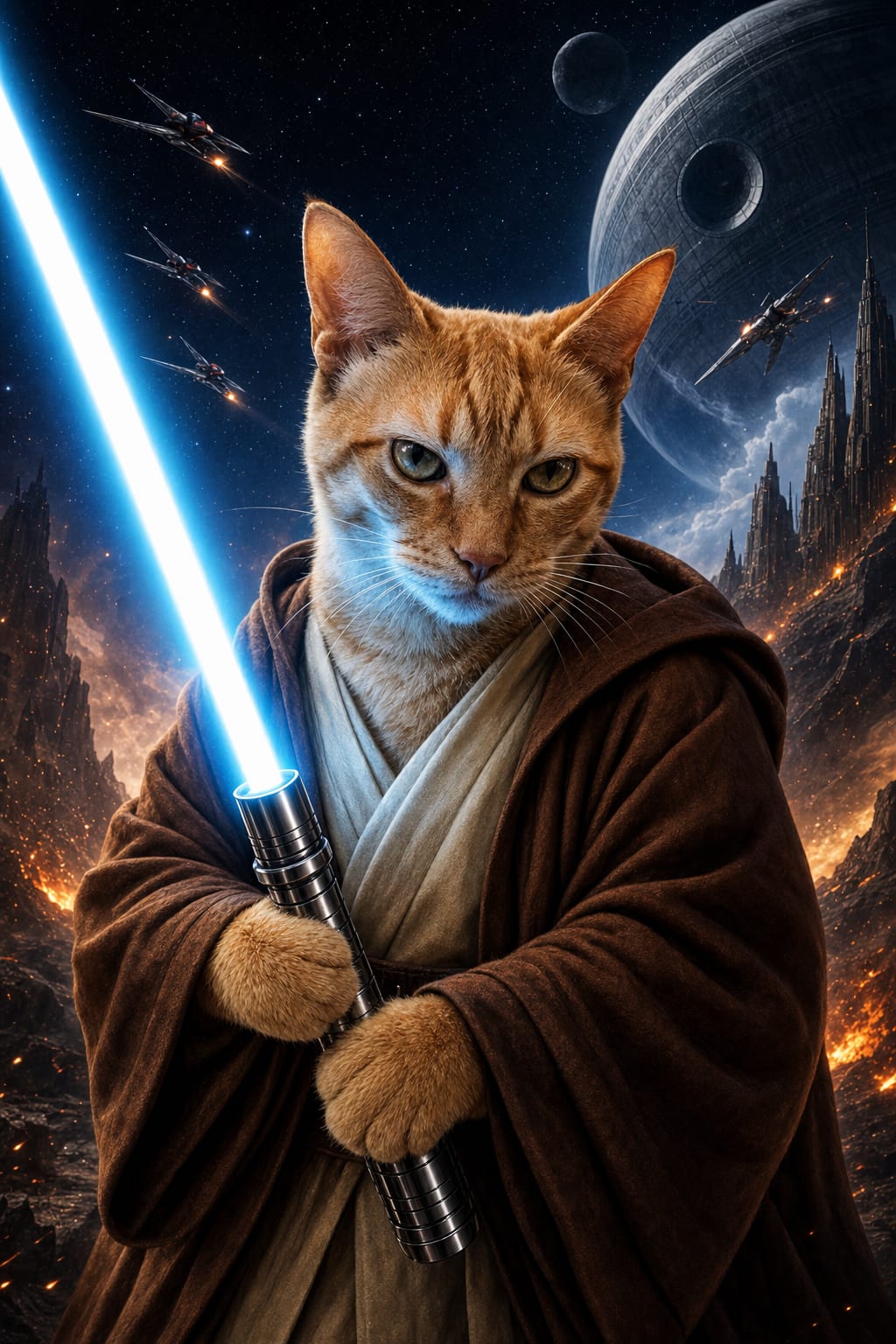 Star Wars pet portrait of a dog as a Jedi with a glowing blue lightsaber and space backdrop