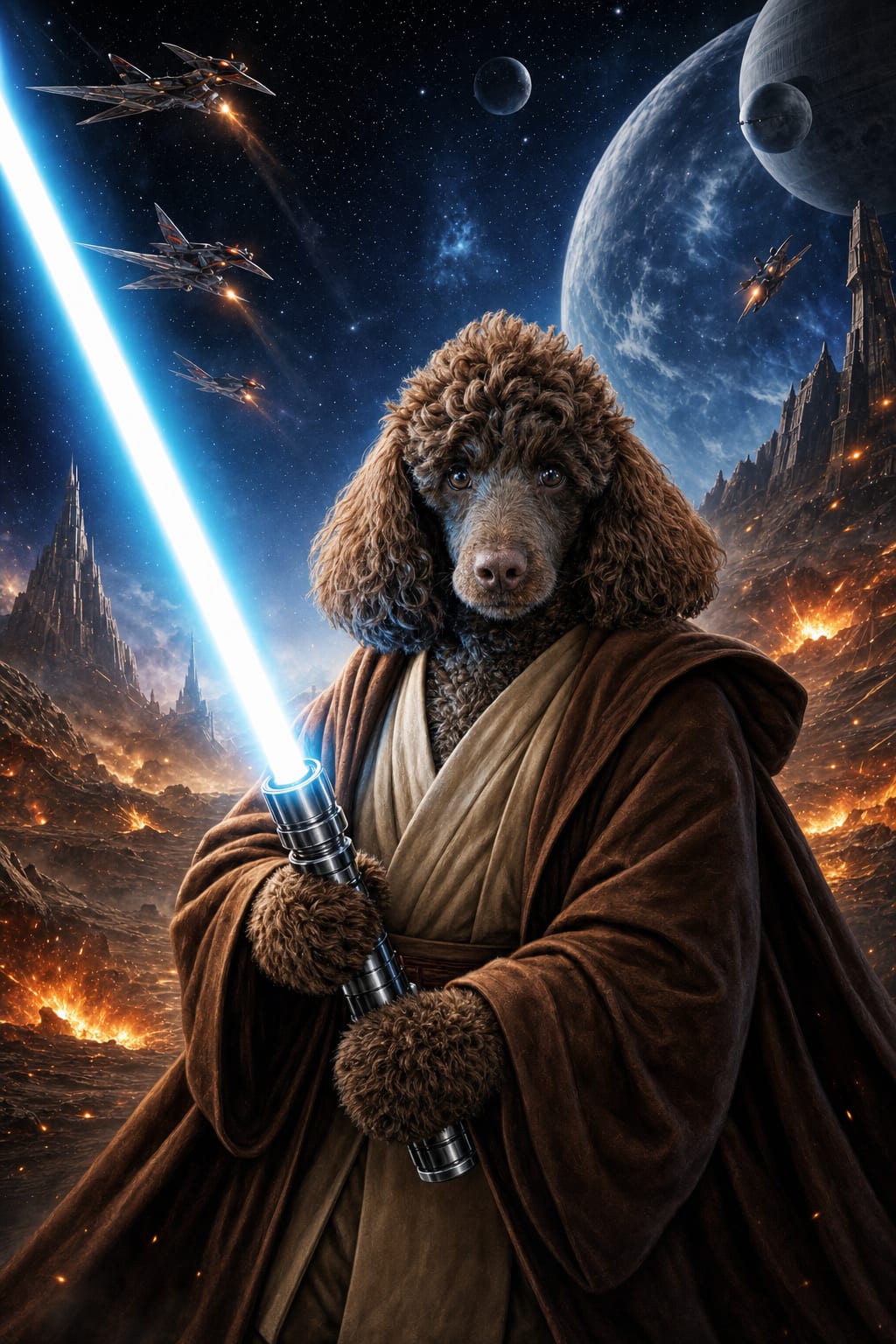 Cat as a Star Wars Jedi in layered robes against a ringed planet and starfighters