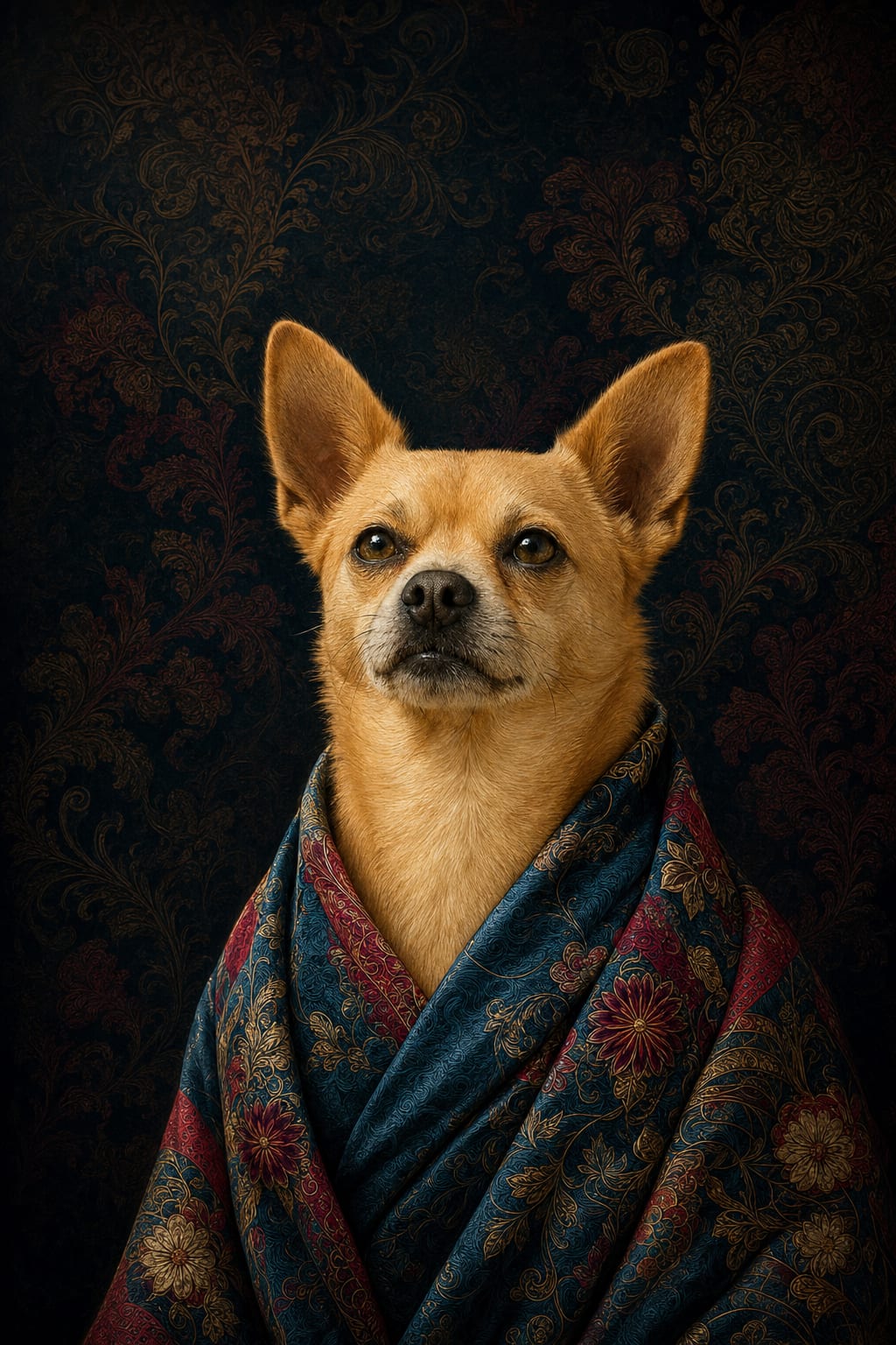 Renaissance pet portrait of a dog in an ornate teal and red brocade robe with gold embroidery
