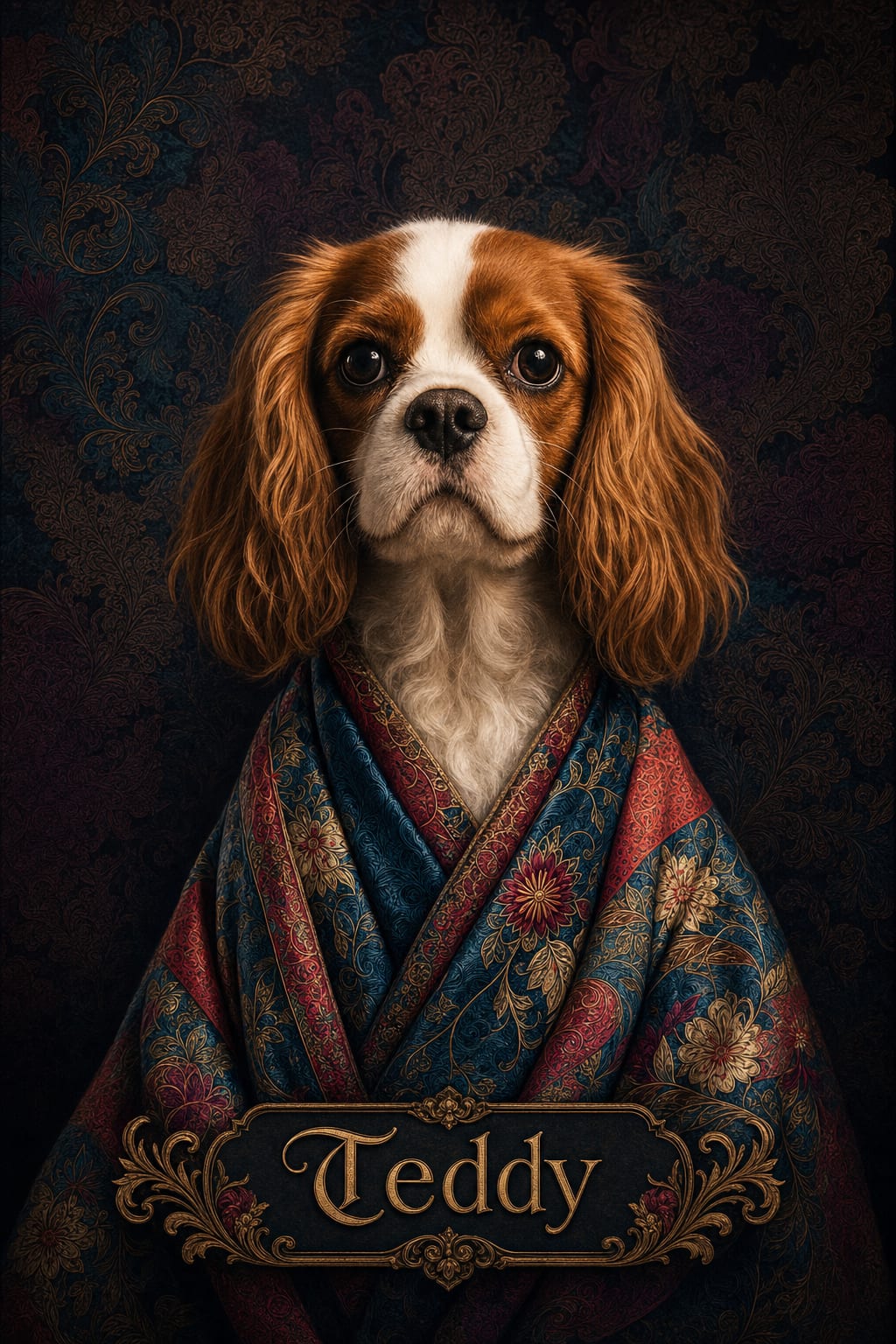 Royal pet portrait with dramatic Dutch Golden Age lighting and a dark damask background