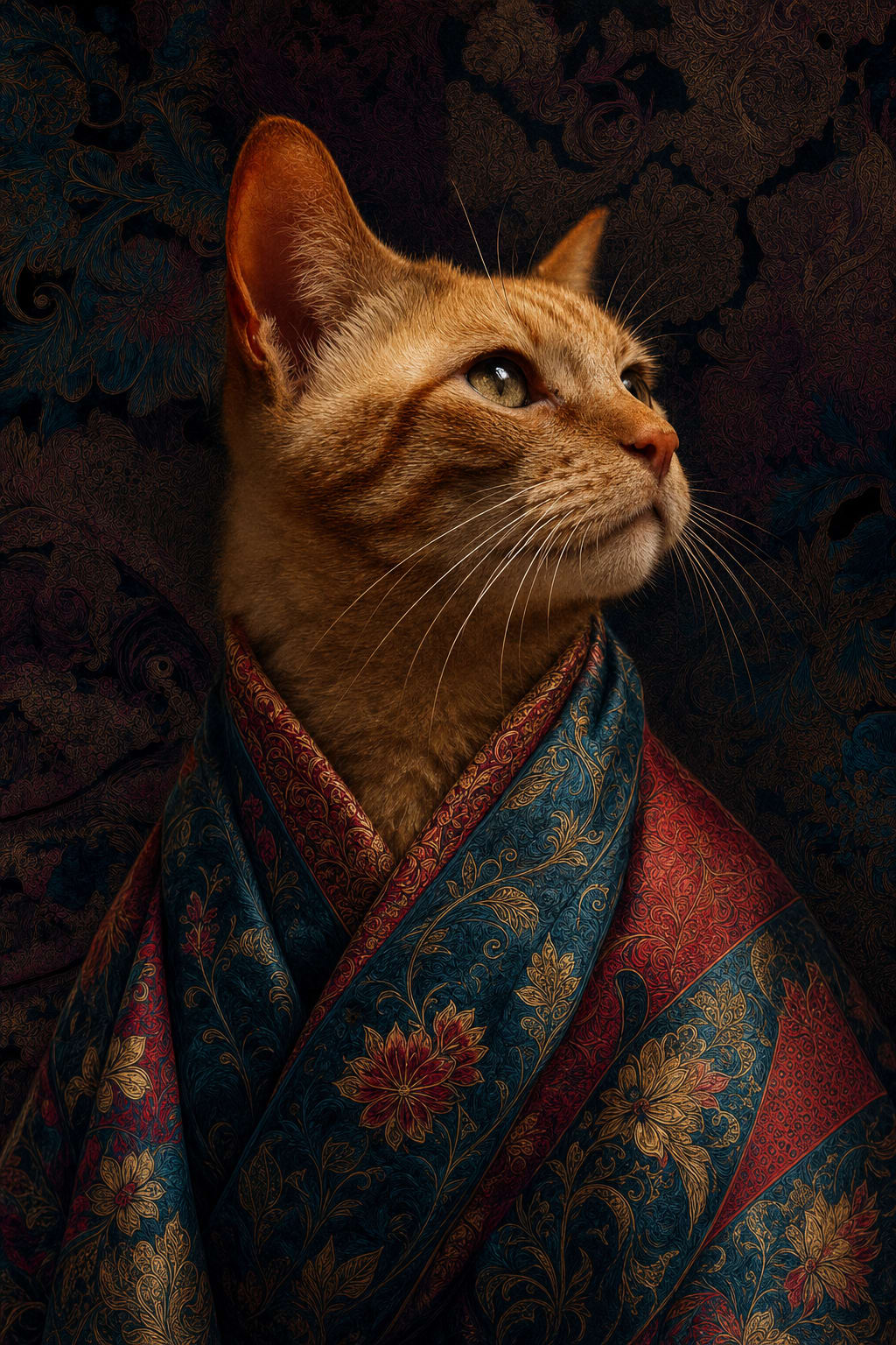 Regal pet portrait with chiaroscuro shadows and a dignified upward gaze