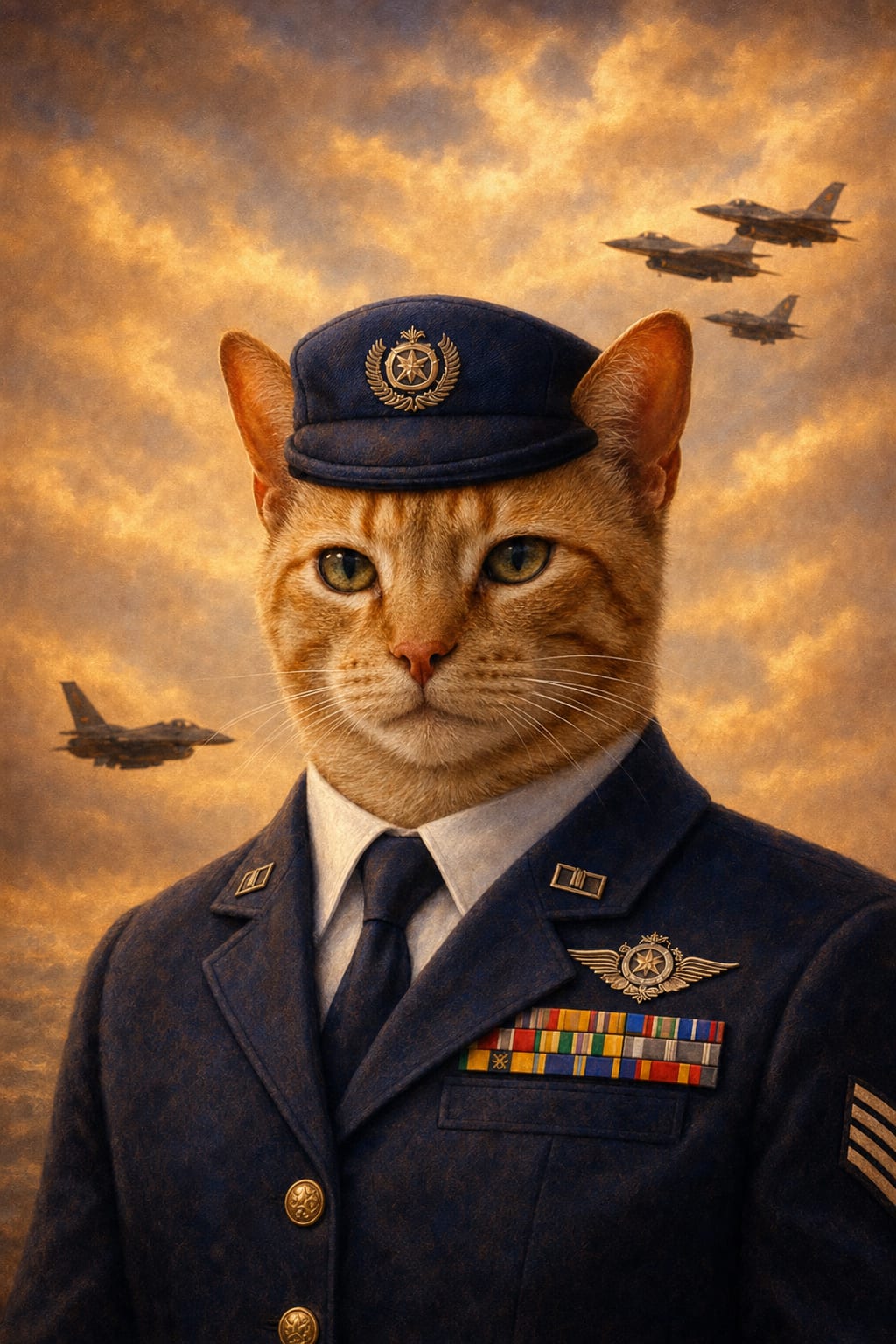 Air Force dog portrait of a dog in navy dress blues with pilot wings and medals
