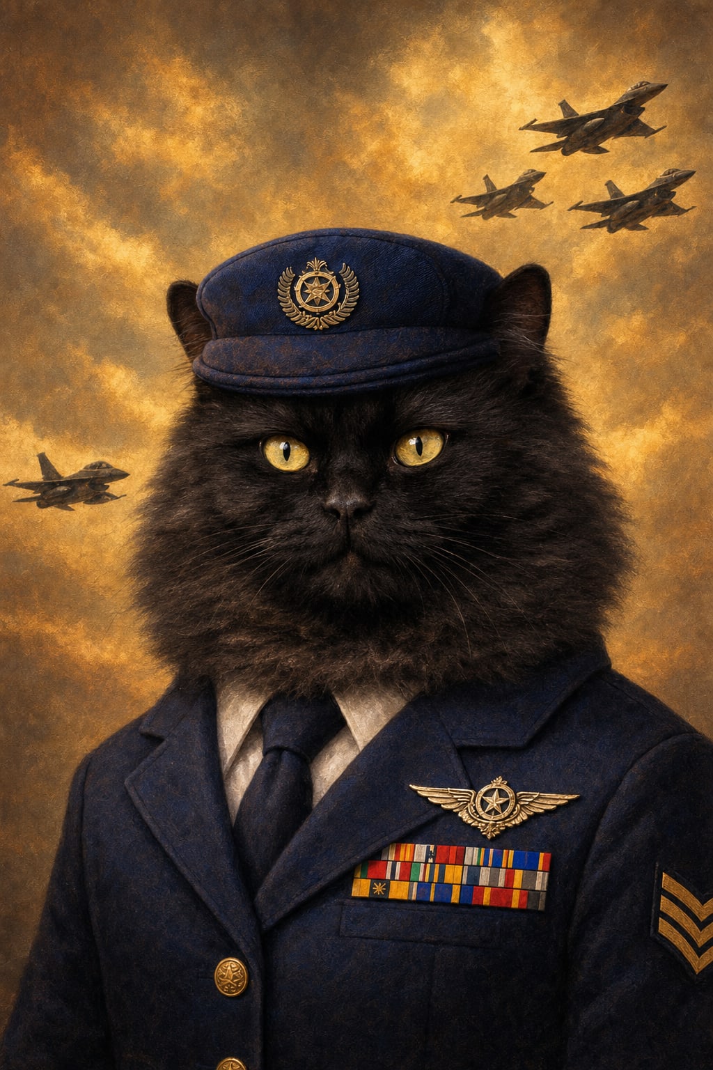 Dog in military uniform portrait with fighter jets in the background, oil-painting style