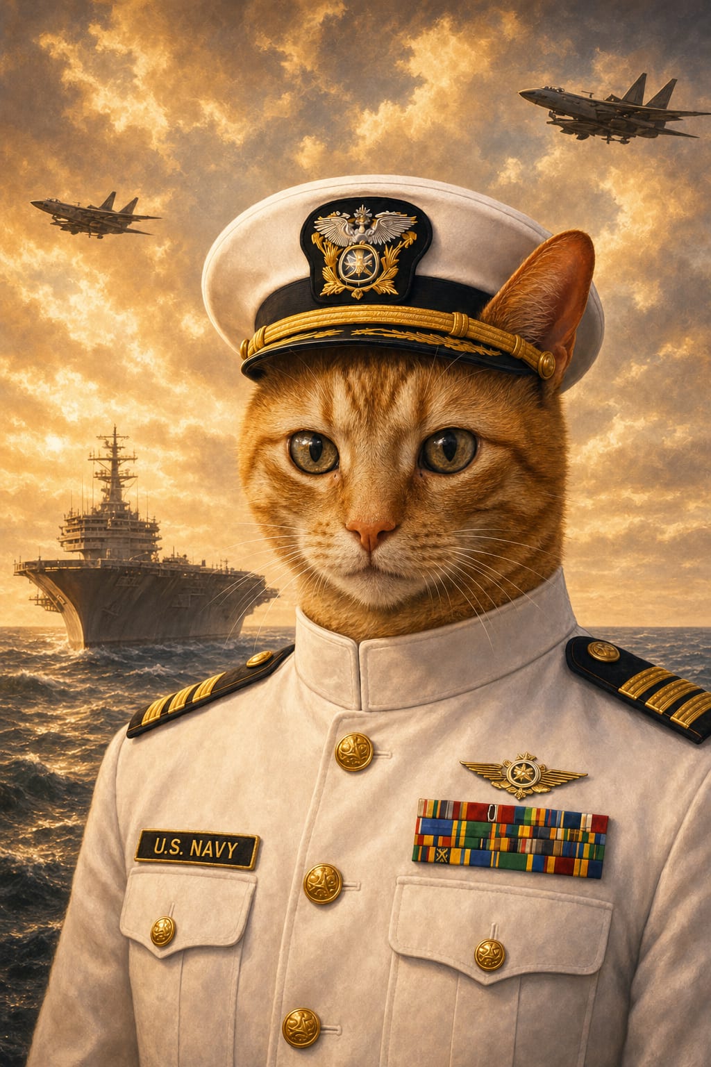 Navy dog portrait of a dog in a white dress uniform with gold epaulettes and medals