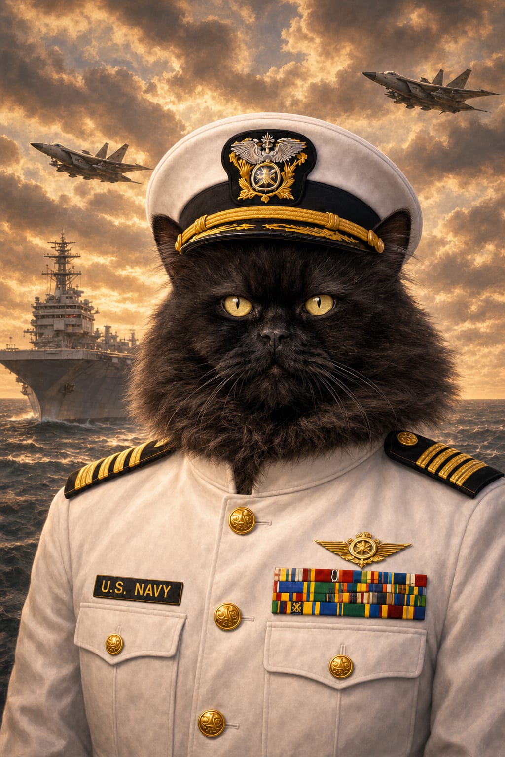 Dog in navy uniform portrait with ocean and jets in a golden sky, oil-painting style