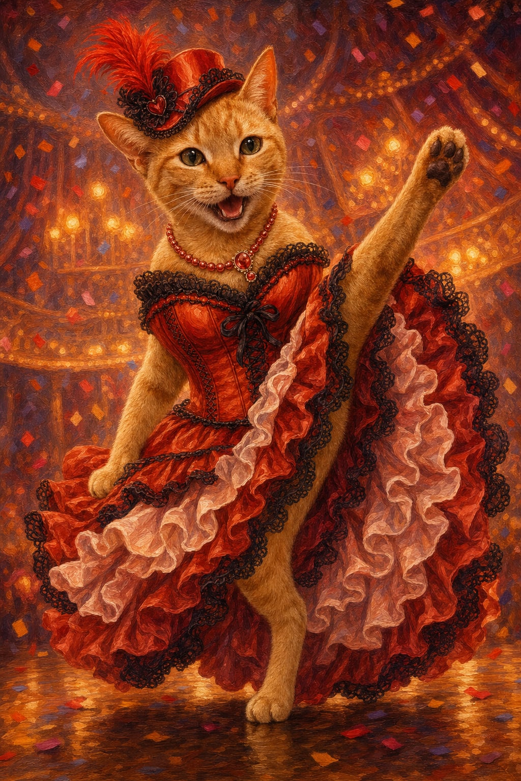 Cabaret pet portrait of a dog as a Moulin Rouge can-can dancer in oil-painting style