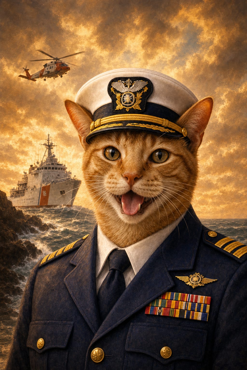 Coast Guard dog portrait of a dog in navy dress blues against a coastal scene
