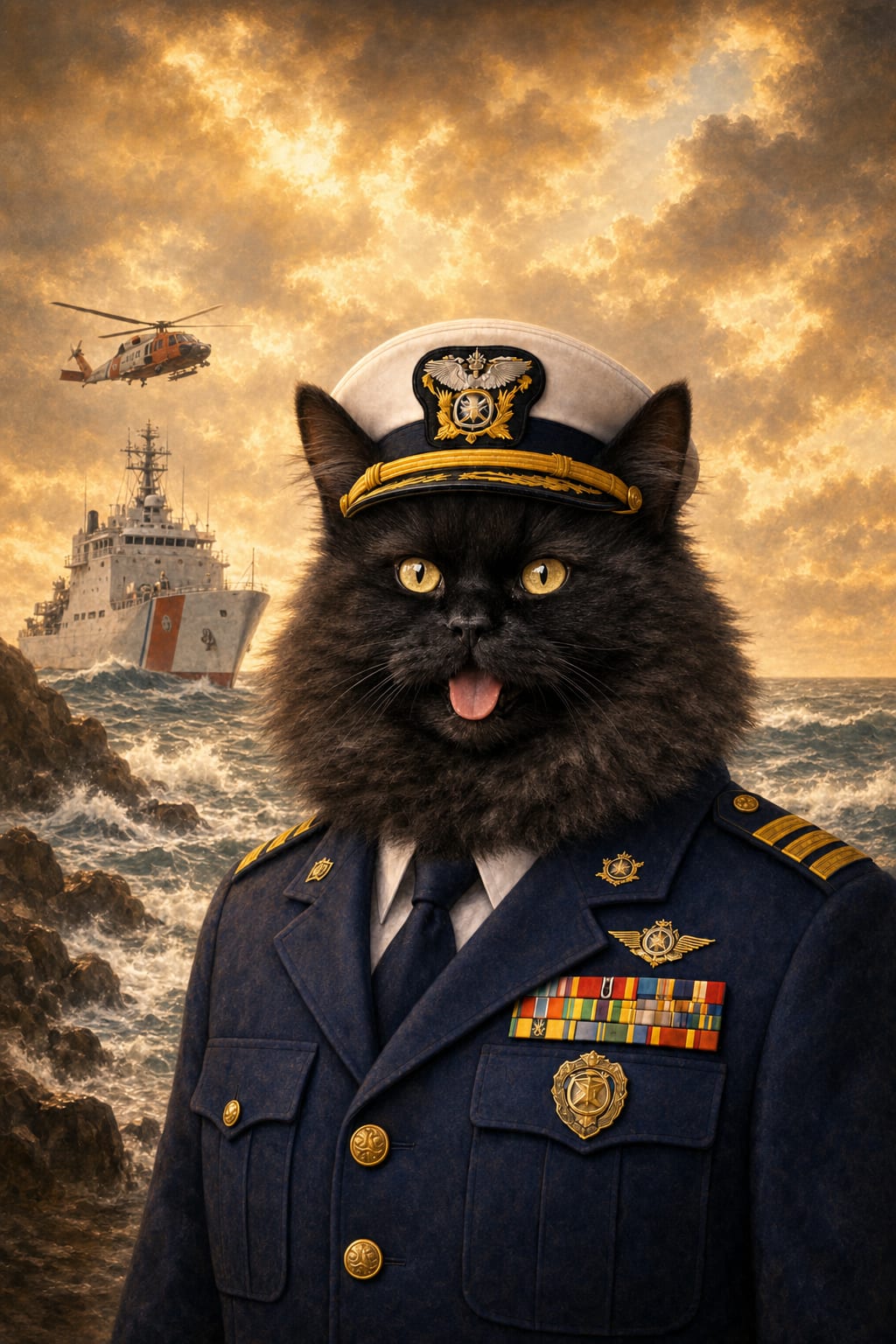 Dog in uniform portrait with a rescue helicopter in a golden sky, oil-painting style