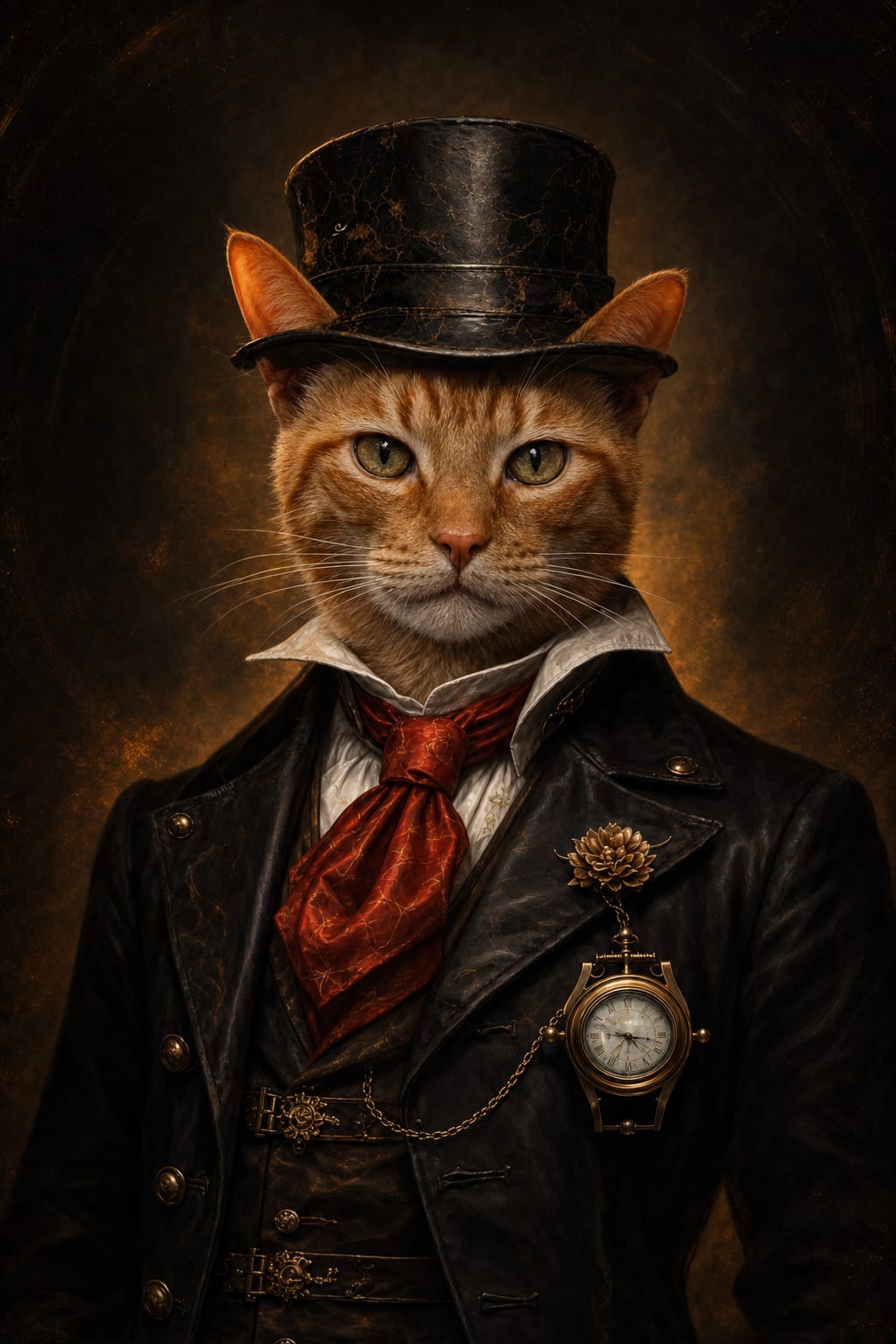 Victorian dog portrait of a pet in a leather top hat and formal coat in moody photorealistic light