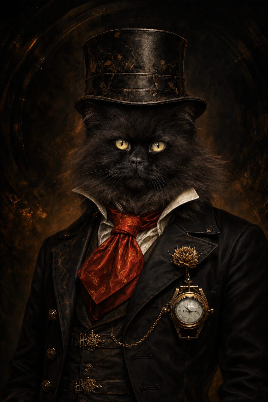 Dog top hat portrait with a red silk cravat and brass buttons in a dark, painterly Victorian style