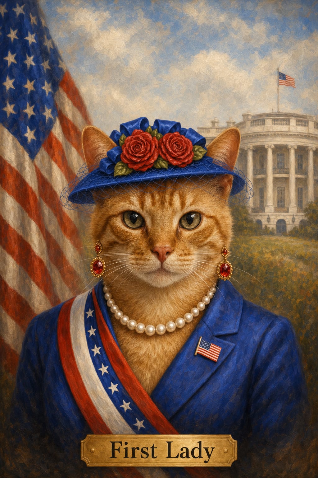 presidential pet portrait of a dog in First Lady style with sash and pearls