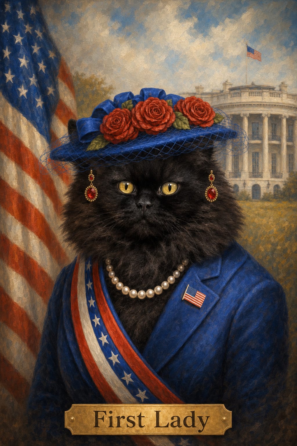 patriotic pet portrait in oil painting style with the White House behind