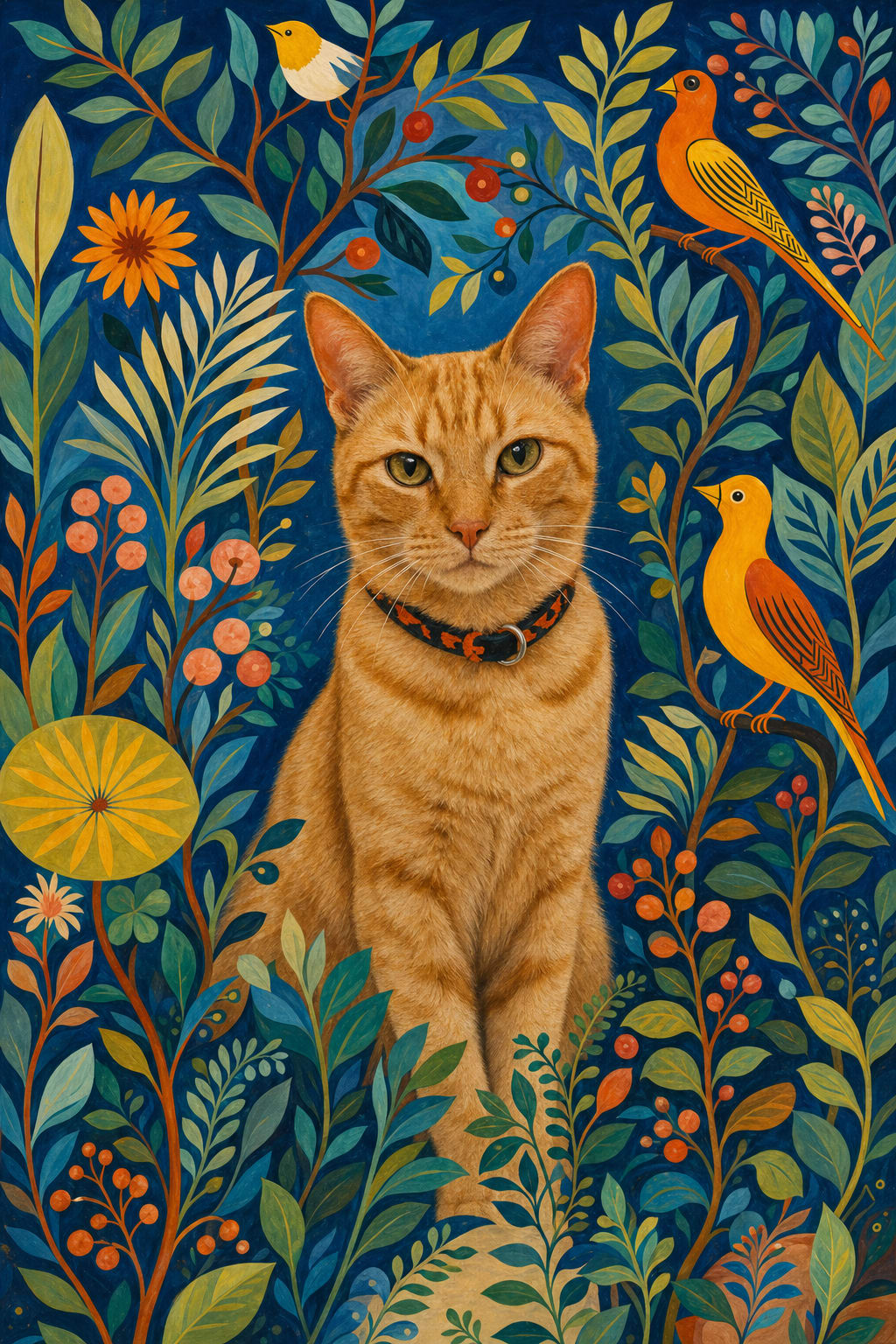 Pet portrait with flowers showing a dog in a folk-art garden of jewel-tone foliage and birds