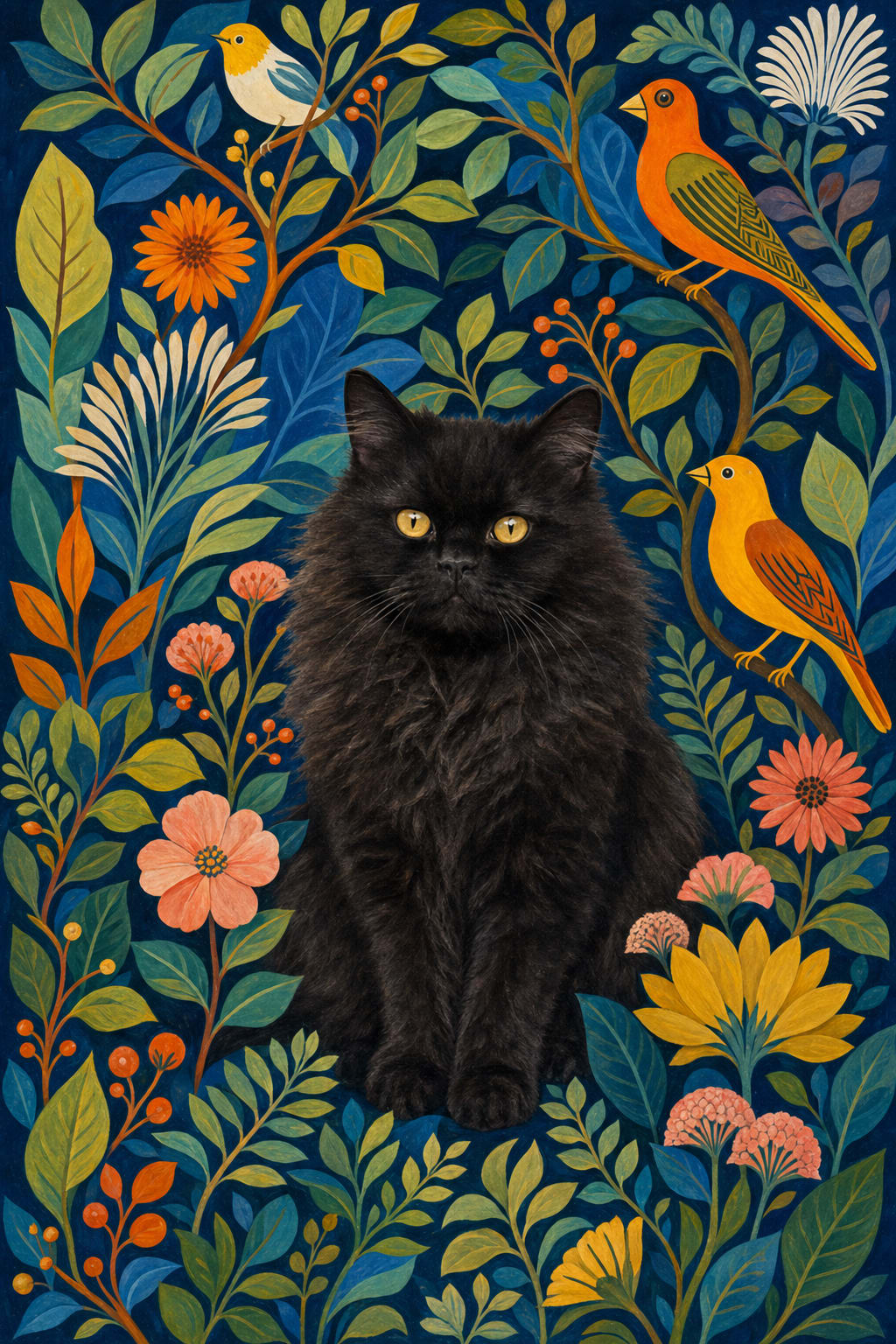 Floral pet portrait of a cat framed by stylized leaves, wildflowers, and perched birds