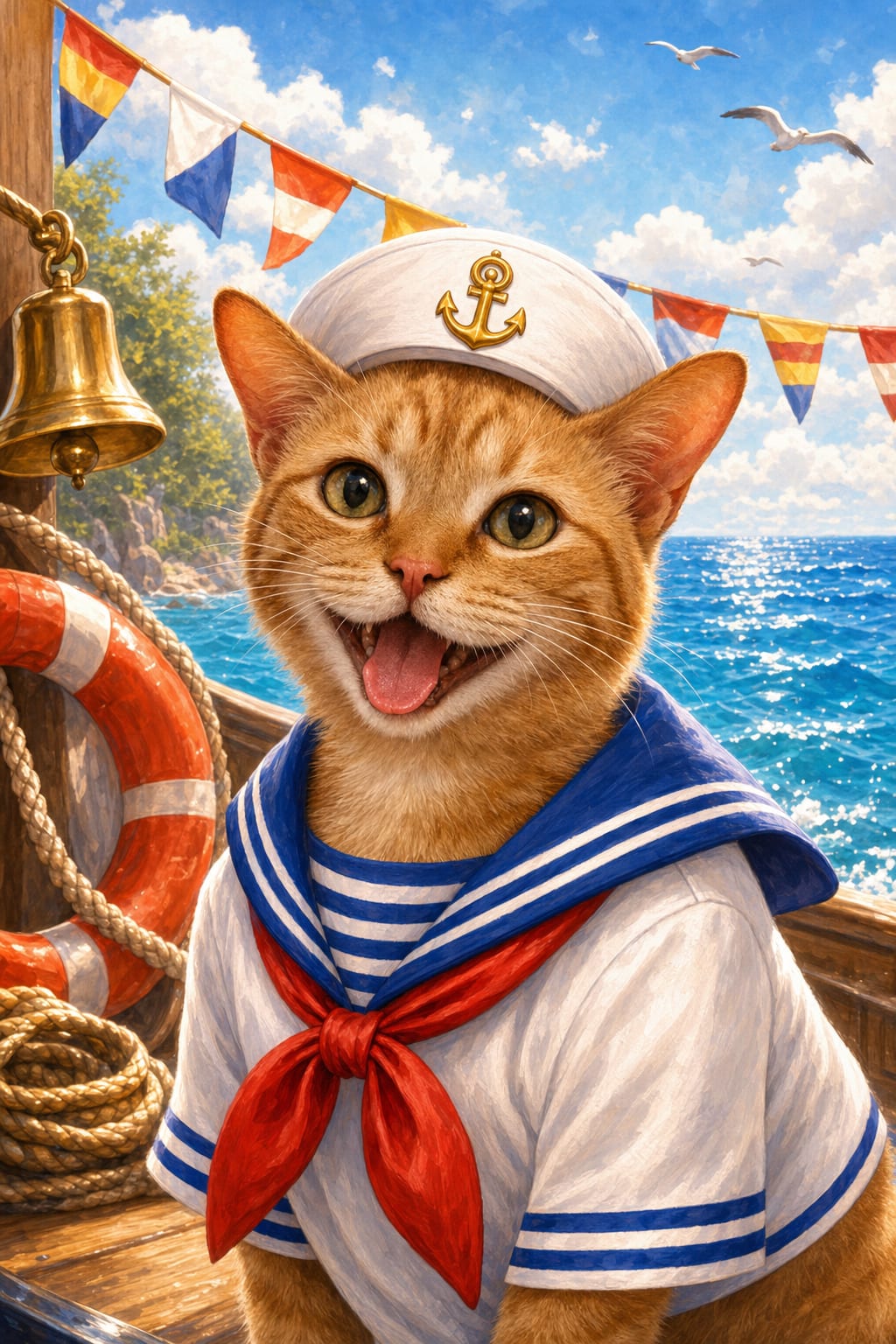 Sailor pet portrait of a dog in a striped sailor top and white cap by the sea