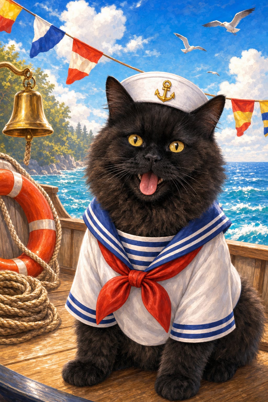 Storybook sailor cat portrait in saturated seaside colors, framed and ready to hang