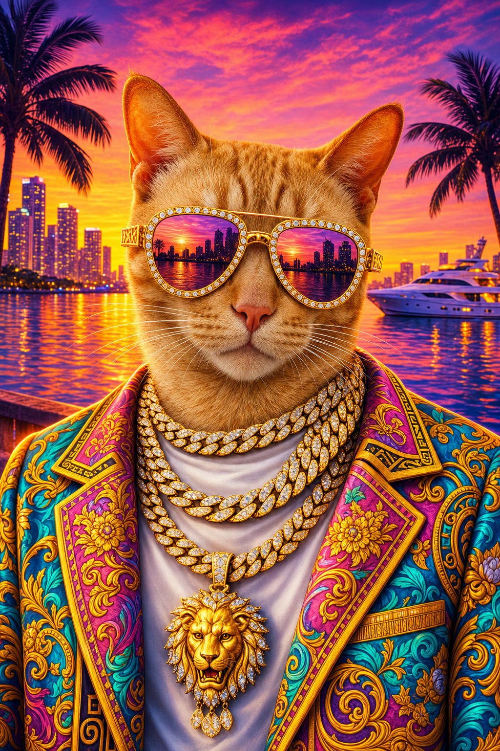 Rapper pet portrait of a dog in gold Cuban chains and aviators against a Miami sunset